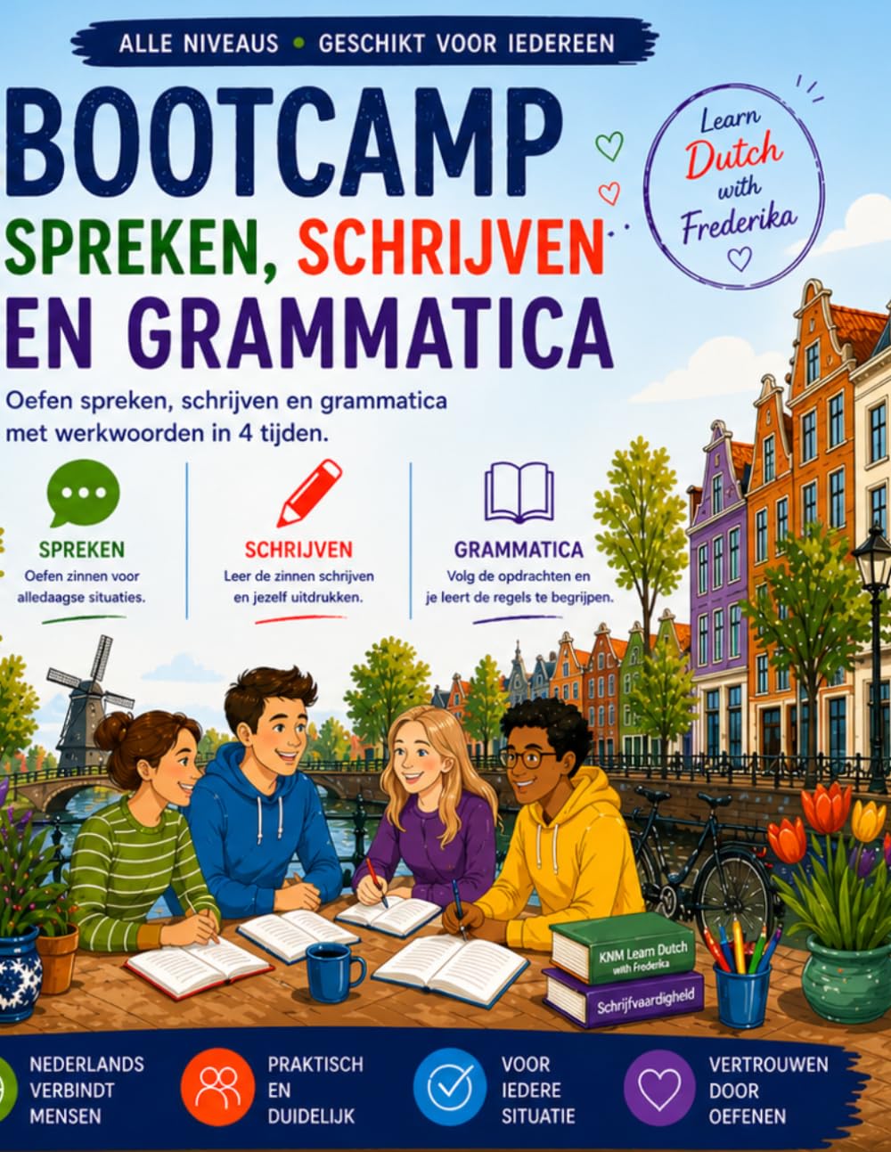 BOOTCAMP spreken | schrijven | grammatica | Learn Dutch with Frederika: NT2 Oefenboek voor Beginners en Zelfstudie – Nederlandse Grammatica, Tijden, ... en Spreekvaardigheid (A1–B2)