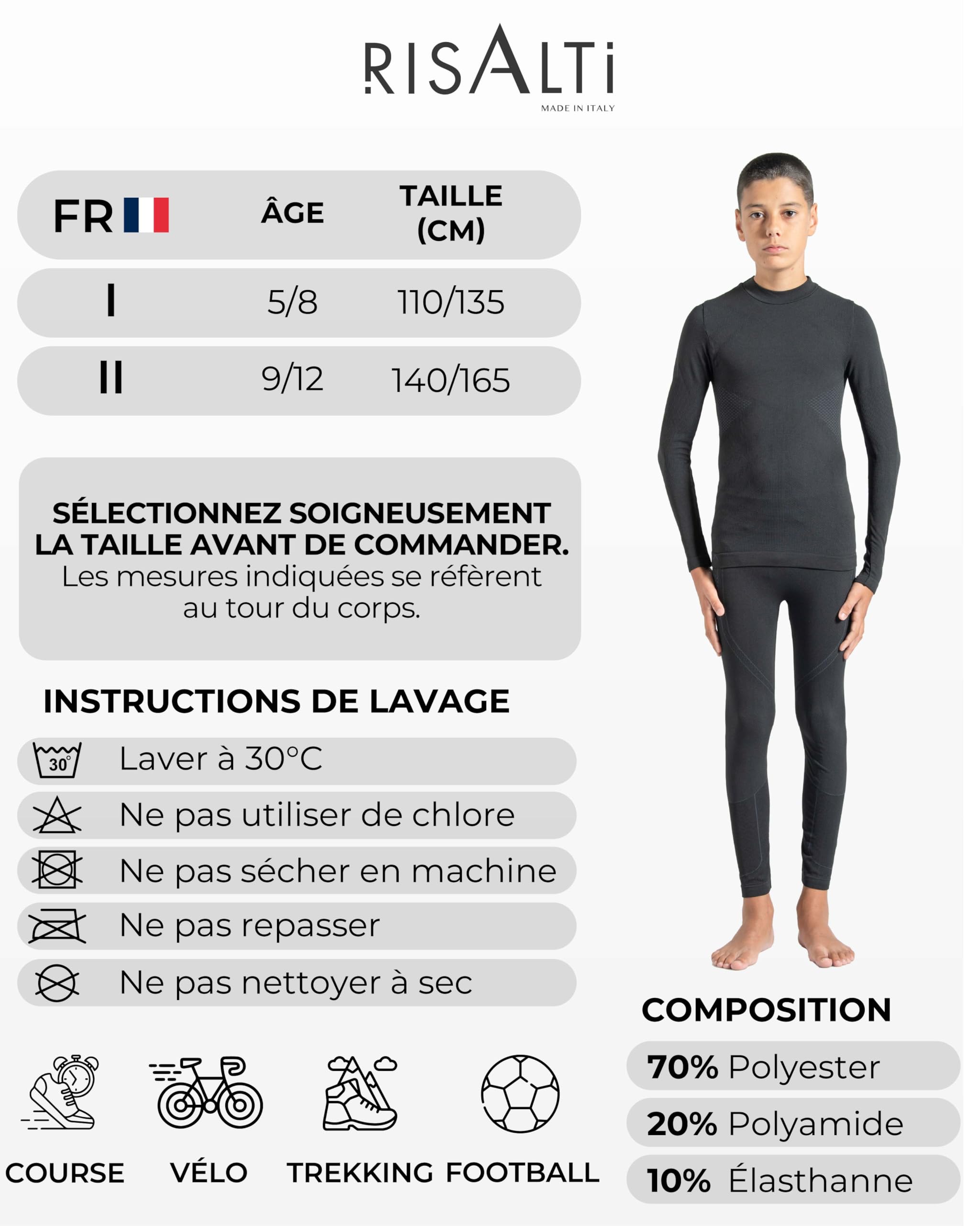 Risalti sous Vetement Thermique Enfant Energy – Ensemble Thermique Enfant, T-Shirt et Collant sans Coutures, sous Pull pour Ski, Foot, Vélo – Made in Italy