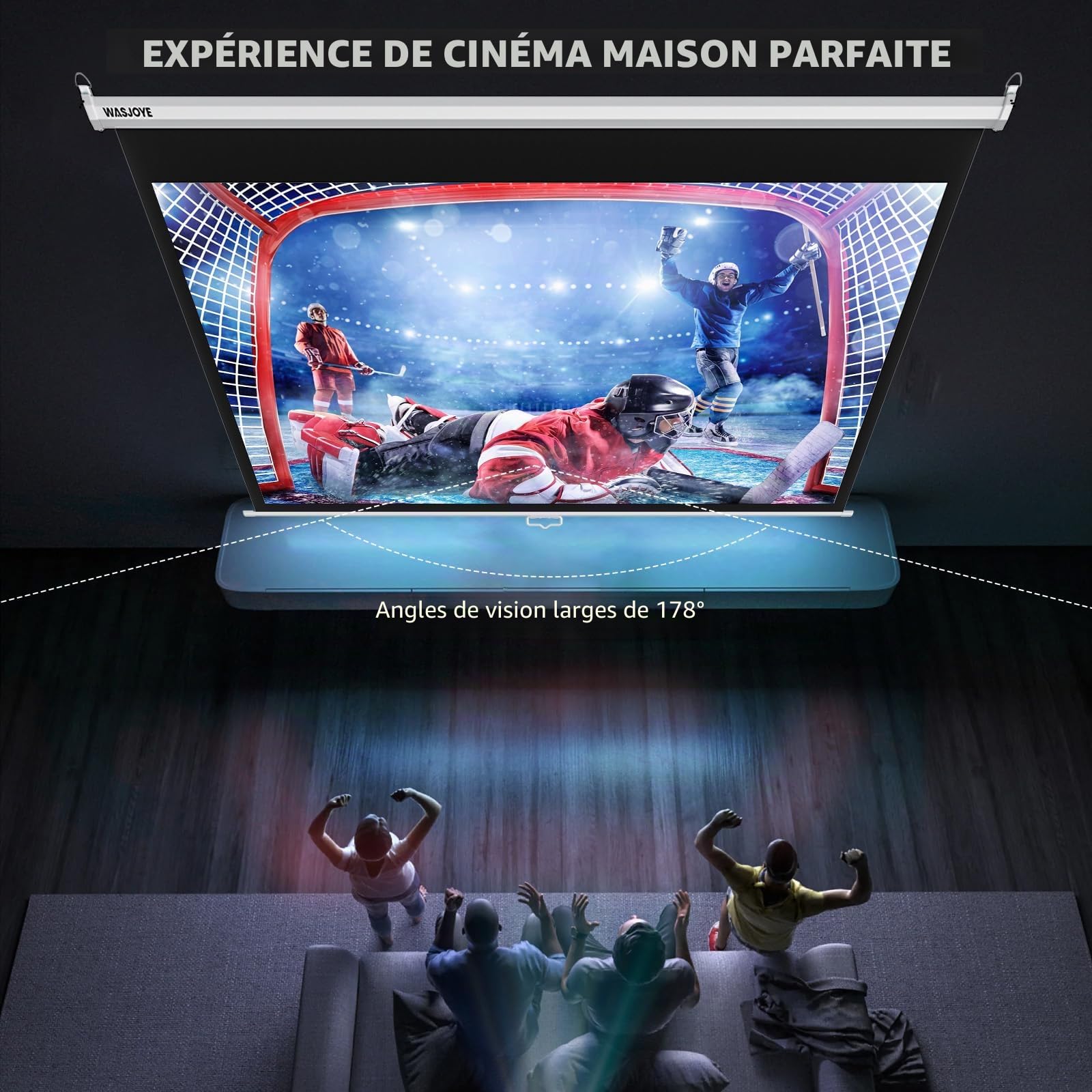 WASJOYE Écran de Projection Manuel - Universal 100" Toile Videoprojecteur Enroulable Rétractable, Projector Screen avec Verrouillage Automatique, Hauteur d'Ecran réglable, Lunette Noire Masquée