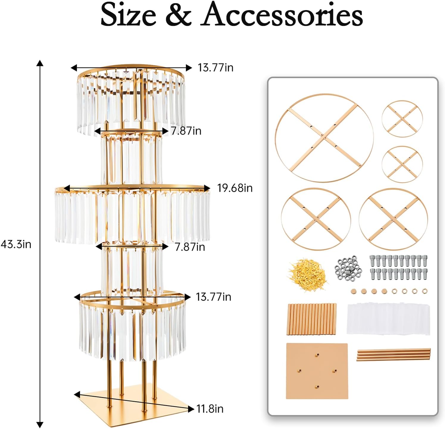 43.3" Tall Gold Flower Stand for Wedding Centerpieces – 5-Tier Clear Acrylic & Metal Centerpiece Stand with Crystal Style Design, 11.8" Base, Perfect for Wedding Tables, Floor Décor & Reception Events