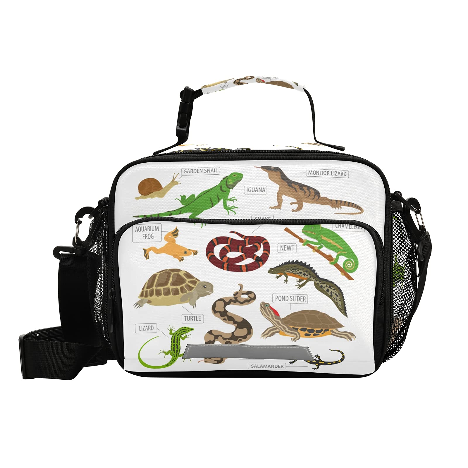 Green and Brown Pet Reptiles Frog Iguana Lizard Snake Newt Turtle Leak-proof Insulated Lunch Bag, Lunch Box with Adjustable Shoulder Strap for Travel Work, Cooler Double Zippers Tote Lunchbox
