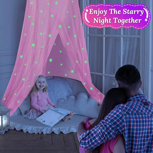 Miniatura 2 de Toldo de cama rosa para niñas con estrellas brillantes en la oscuridad, toldo de cama de princesa para habitación de niñas, mosquitera para cama de