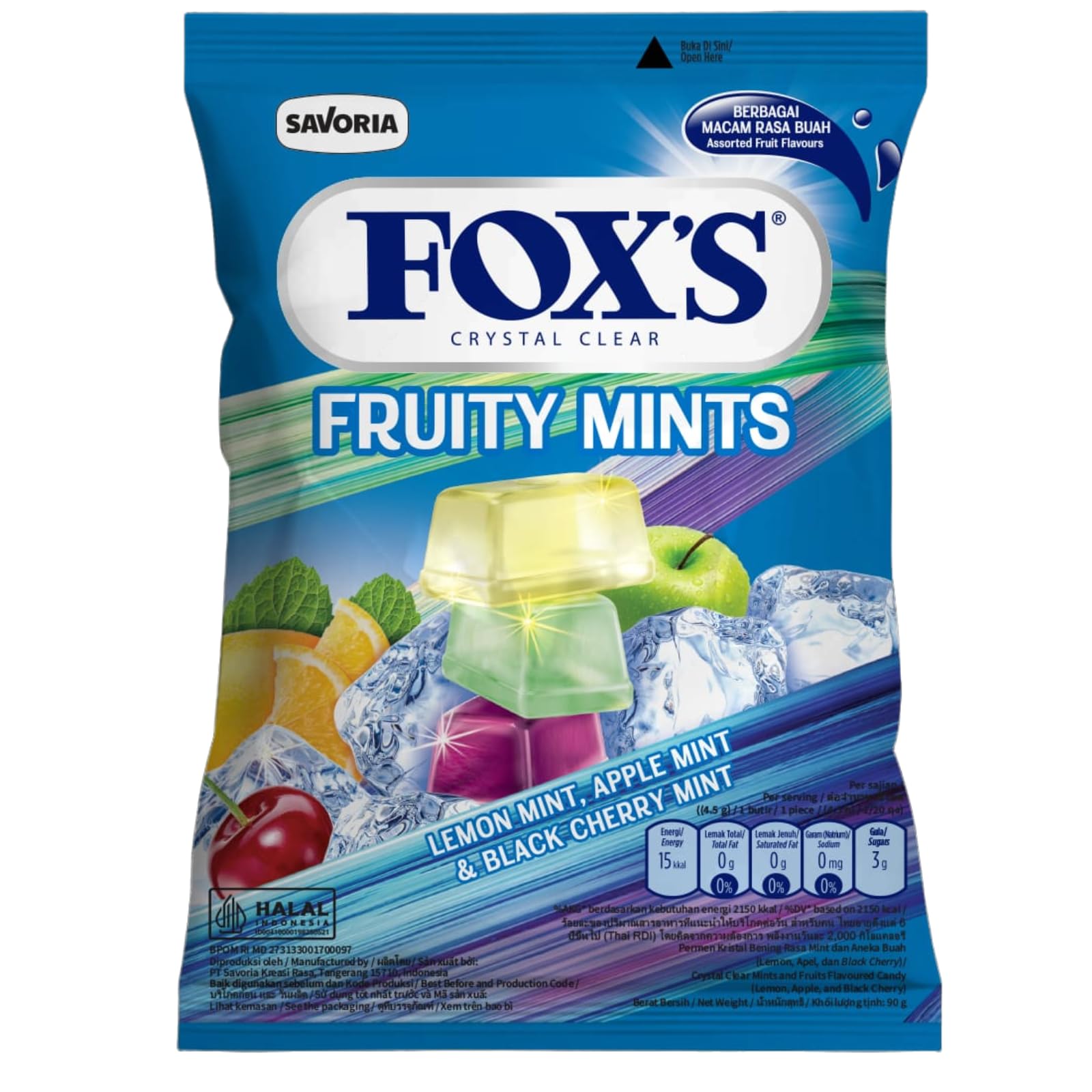 FOX'S Crystal Clear Fruity Mints Candy Pouch 90g – Refreshing Assorted Mint Candy (Lemon, Apple & Black Cherry), Long-Lasting Flavor, Refreshing & Shareable Treat Best, Halal Certified