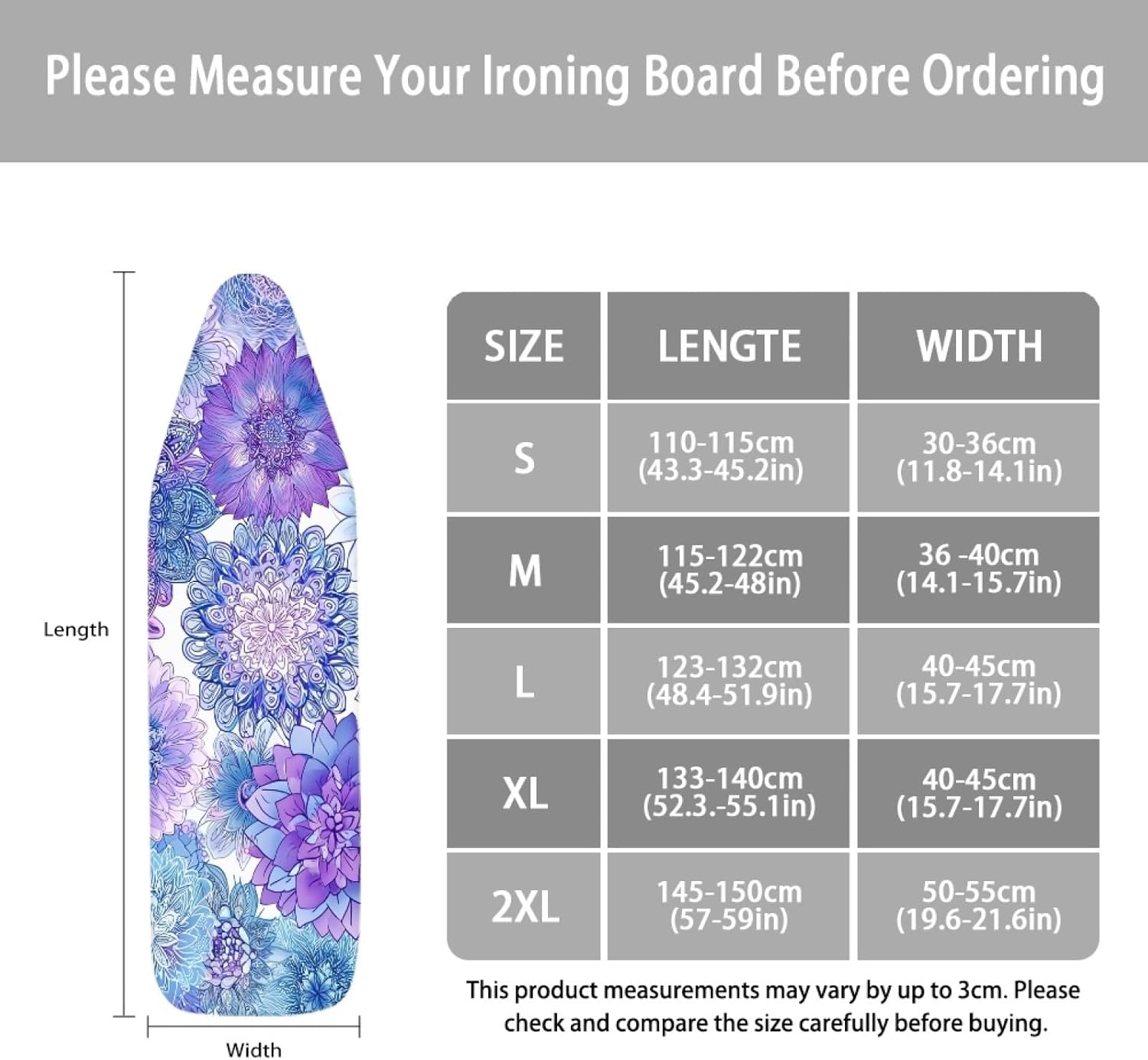 Padded Ironing Board Covers 18 X 49 Purple Blue Mandala Ironing Board Pad and Cover Thick Replacement Drawstring Tightening & Lock, Easy Fit, Scorch & Stain Resistant, Non Slip