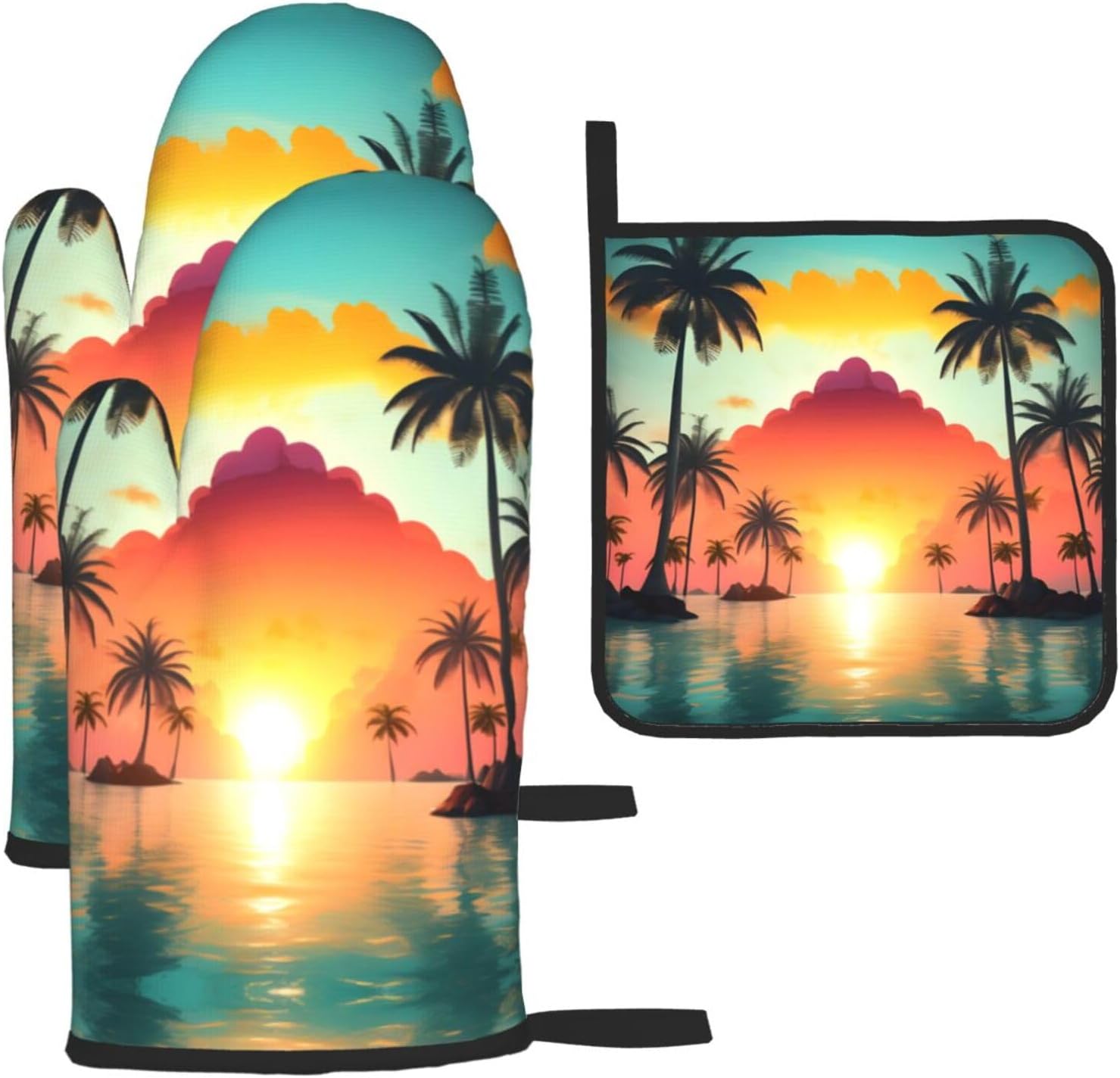 Sunrise Tropical Palm Tree Island Print Heat Resistant Microwave Gloves, Used for Baking, Cooking, and Fashion Kitchen Essentials