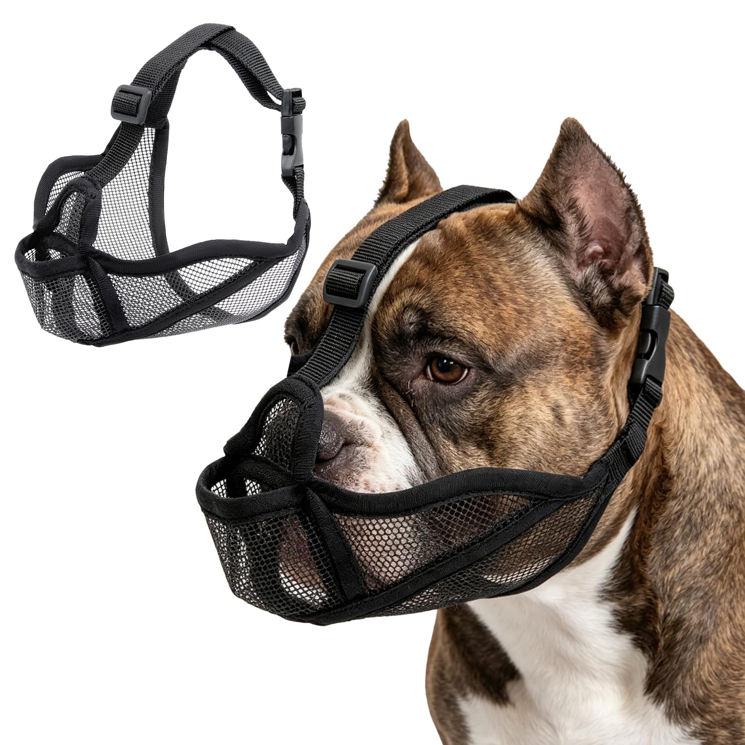 Dog Muzzle for French Bulldog, Soft Breathable Mesh Anti-Scavenging Muzzle for Short Snout Breeds (Frenchie/Pug/Shih Tzu), Adjustable for Panting & Drinking, Black (M)