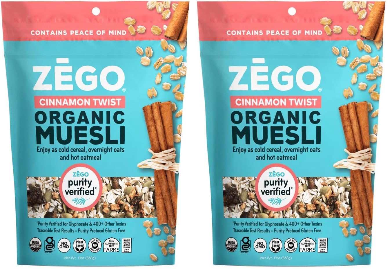 ZEGO Foods Organic, Superfood Oatmeal & Muesli, Certified Gluten Free (Cinnamon Twist) 13oz (Pack of 2)