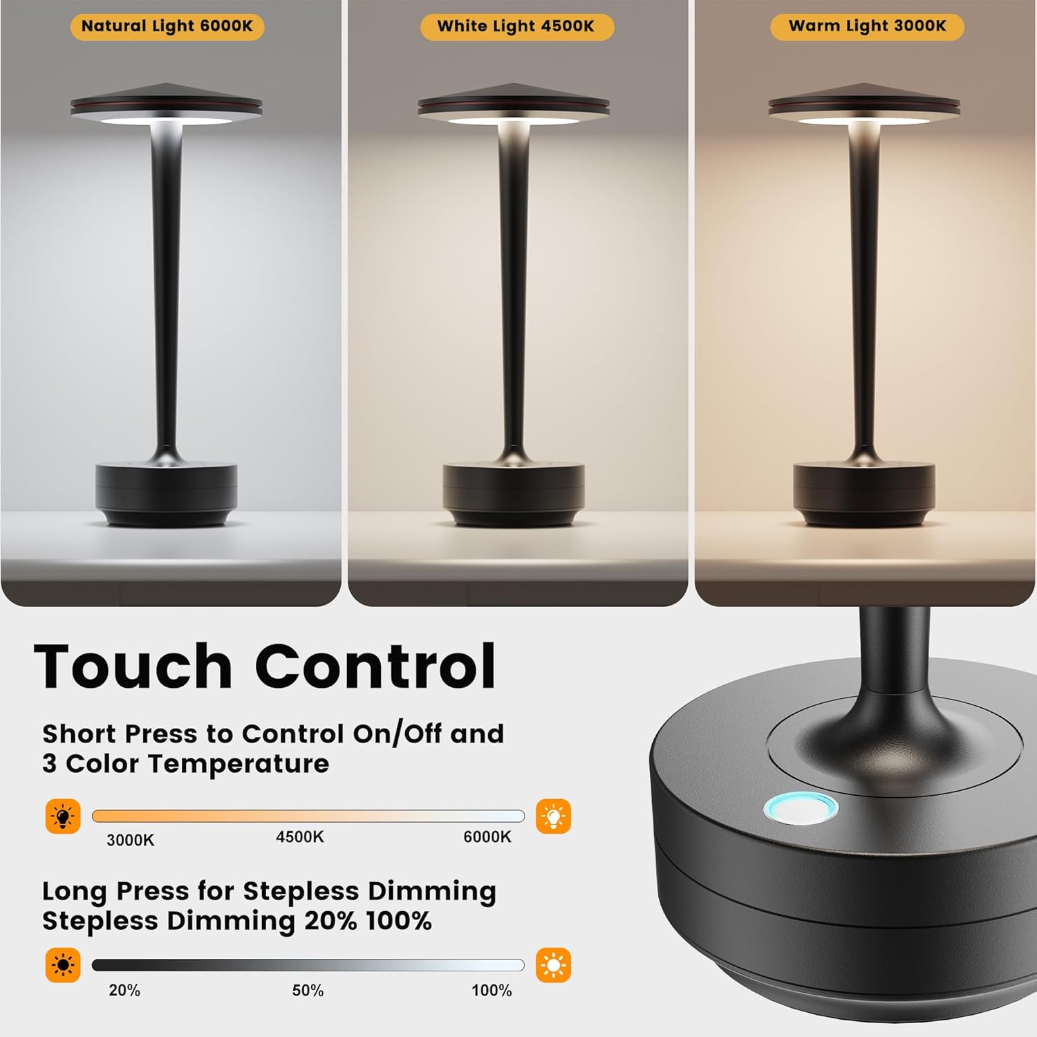 Cordless Table Lamps Set of 2,6000mAh Rechargeable Battery,Portable LED Lamp with 60H Runtime,3 Color Modes&Stepless Dimming,Waterproof Metal Lamp for Patio,Restaurant Bedroom Dining Black
