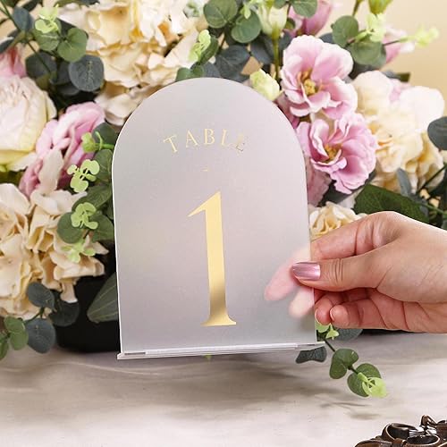 Miniatura 24 de UNIQOOO Números de mesa de boda de arco esmerilado con soportes 1-15, letreros y soportes acrílicos de 5 x 7 pulgadas, paquete de 15, perfecto