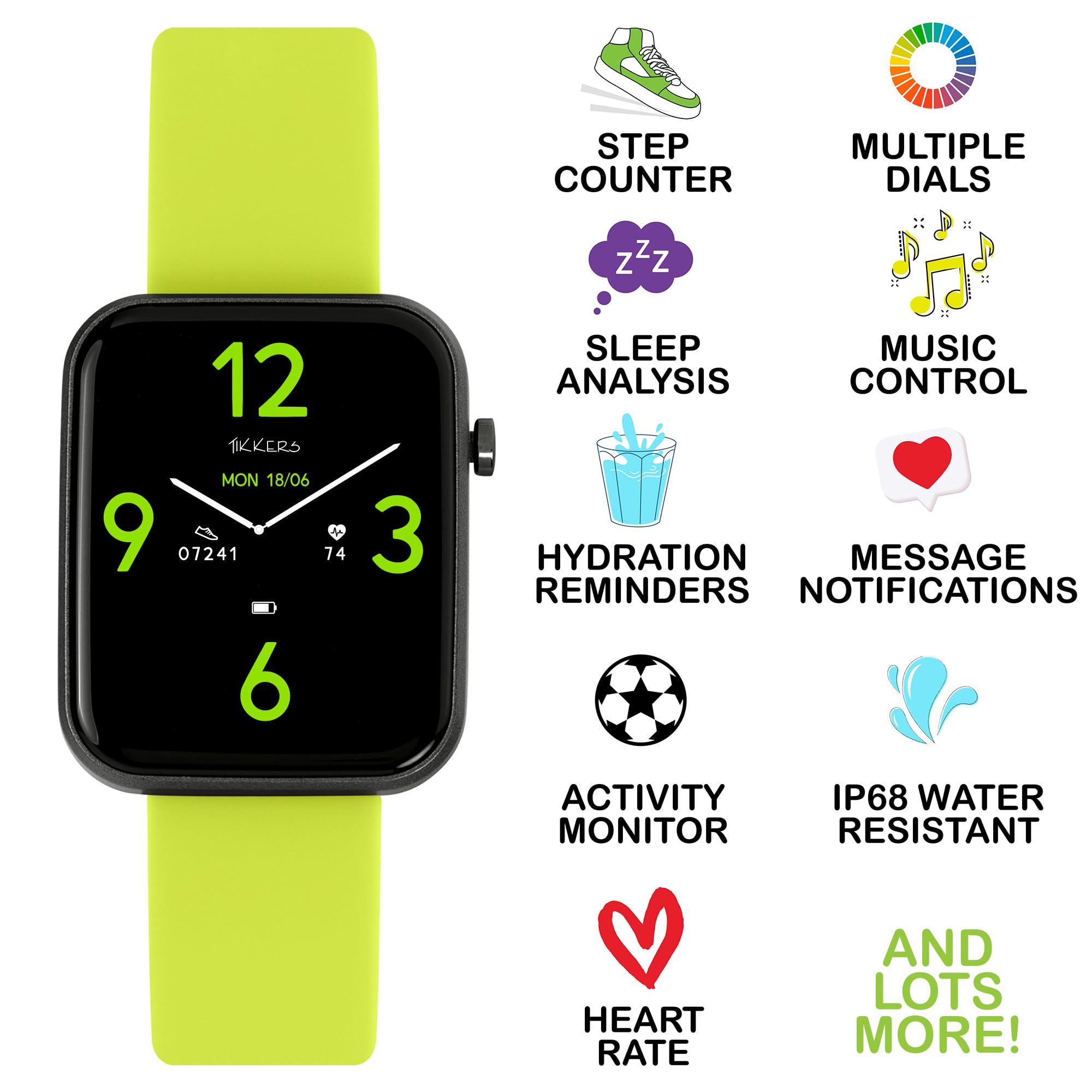 Tikkers Kids Series 13 smartwatch con fitness tracker, sveglia, fotocamera, connettore GPS, cardiofrequenzimetro, contapassi, touch screen, cinturino in silicone verde lime
