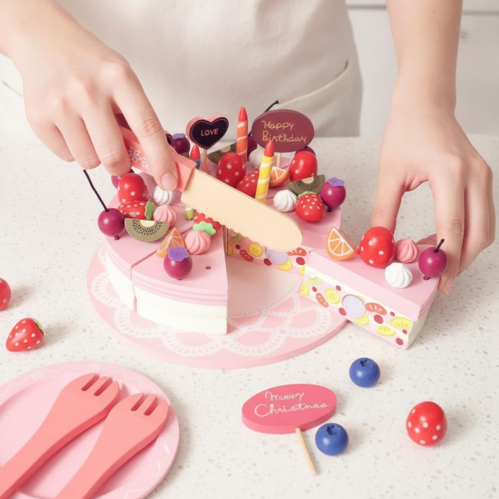 F Fityle Pastel de Cumpleaños de Juguete para Niños con Torta para Cortar Set de Cocina de Madera Platos Cuchillo y Cubiertos Decoraciones de Crema y Frutas
