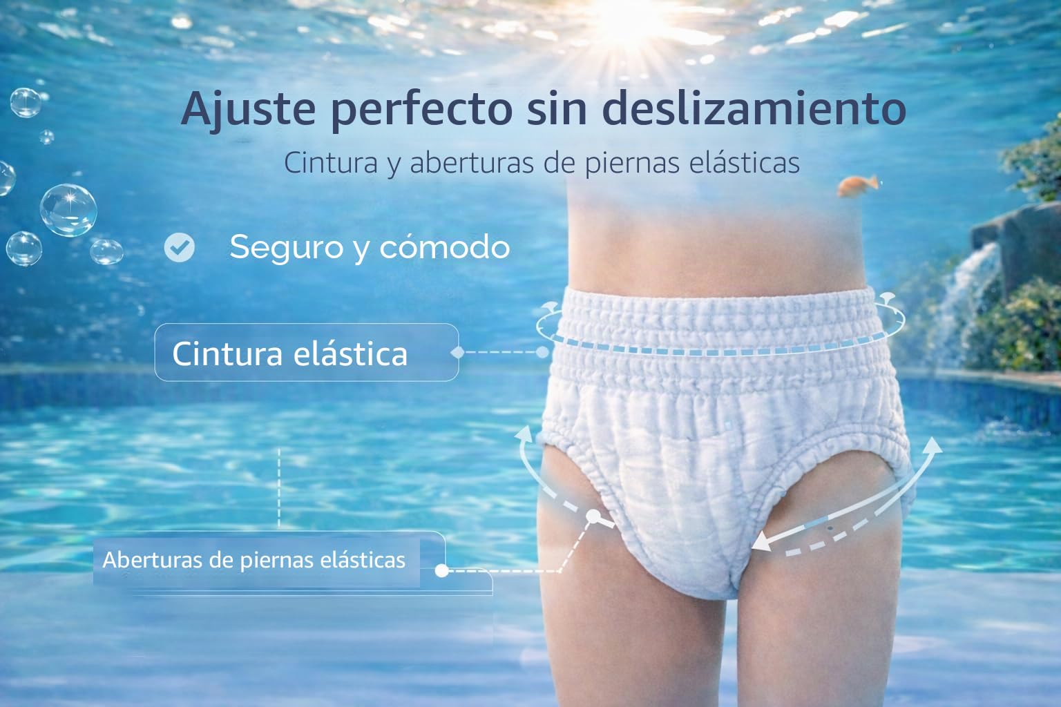Pañales de natación desechables para niños – Talla 8 (28–42 kg) – 30 unidades – Discreto y Suave para la piel – Protección contra incontinencia fecal – Natación segura en el agua