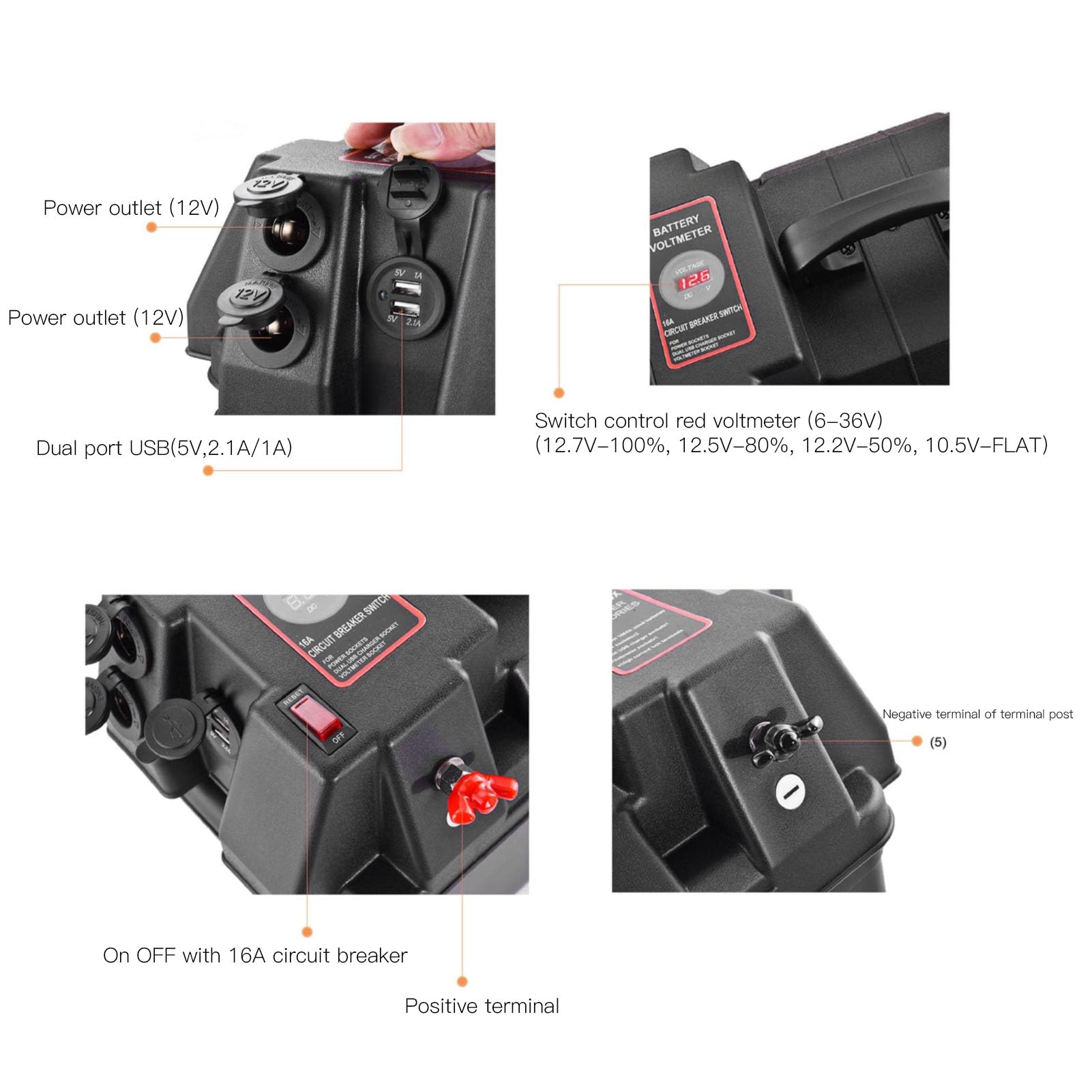Centrum zasilania akumulatorowego SustVita 12 V z woltomierzem cyfrowym i dwoma portami USB, inteligentnym pojemnikiem na akumulatory do silnika do trolingu do łodzi, pojazdów