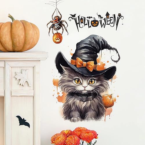 Calcomanías de pared de gatito fantasma de Halloween, lindo gato de terror, calcomanías de pared de vinilo extraíble para Halloween, fiesta,