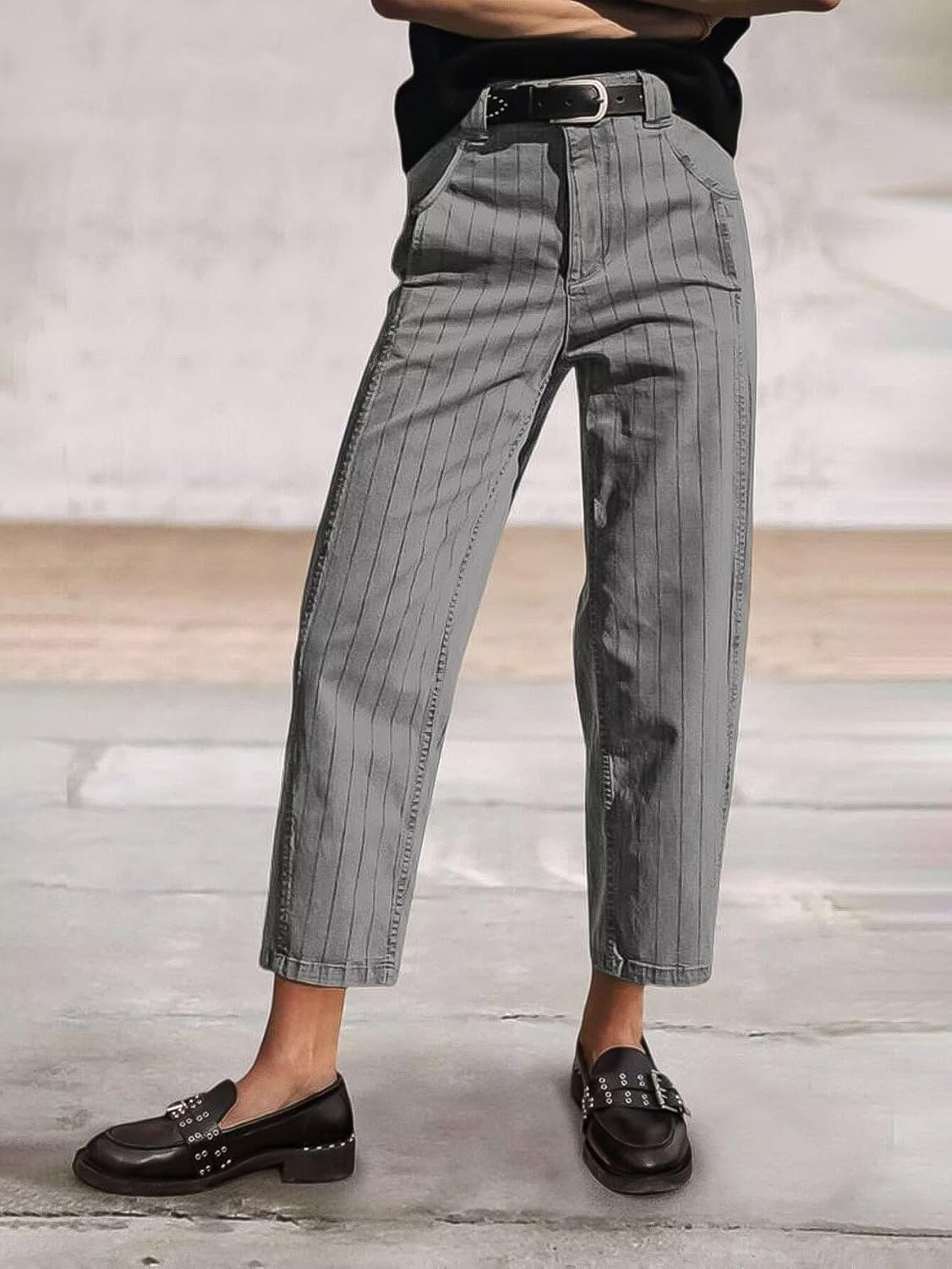 Flamingals Straight Leg Mid Waist Vintage Cropped Stripe Barrel Stretchy Jeans Without Belt - Image 3