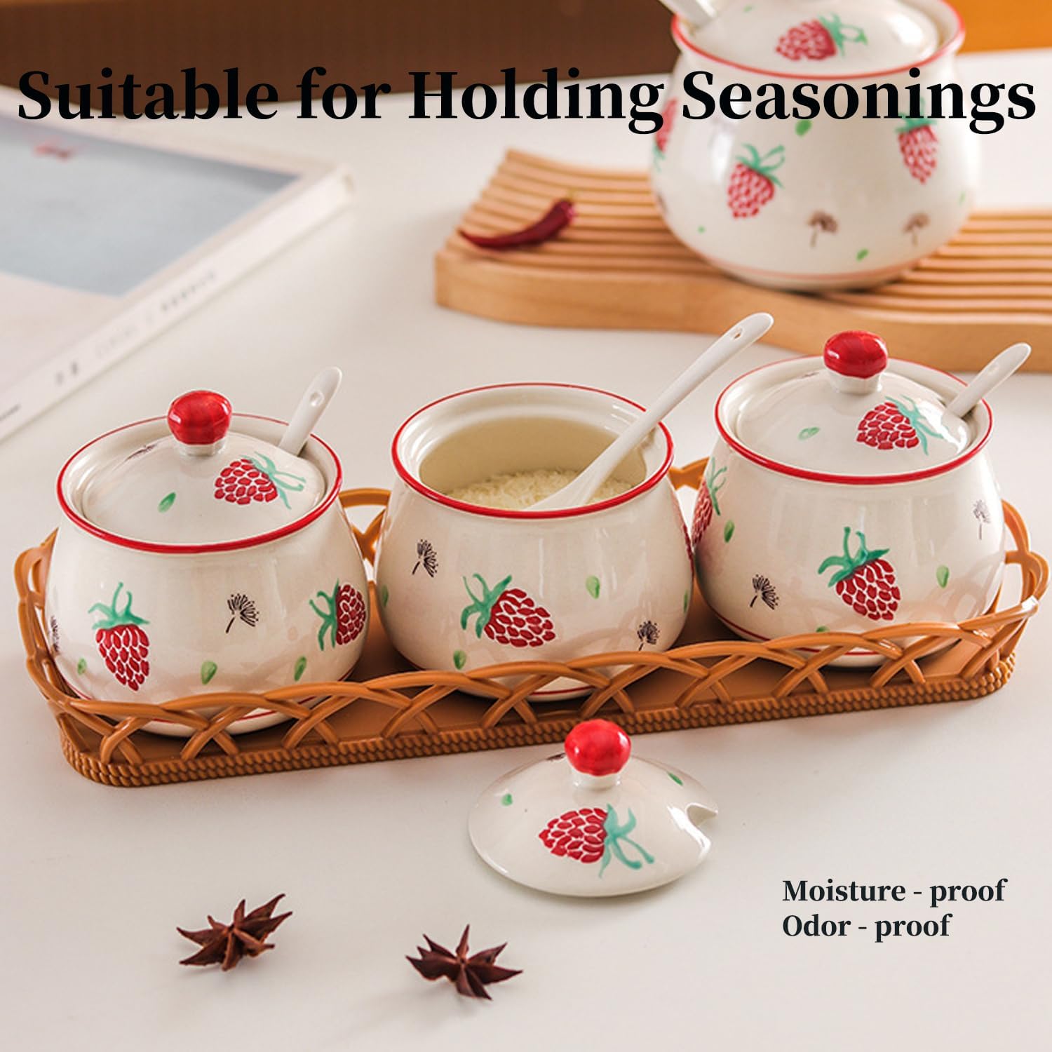 Kitchen Ceramic Condiment Jars with Lids and Spoons, 3 Piece Kitchen Ceramic Seasoning Jar Set for Salt Spice Suger Pepper, Sugar Coffee Tea Container Pot with Serving Tray - Red Strawberry