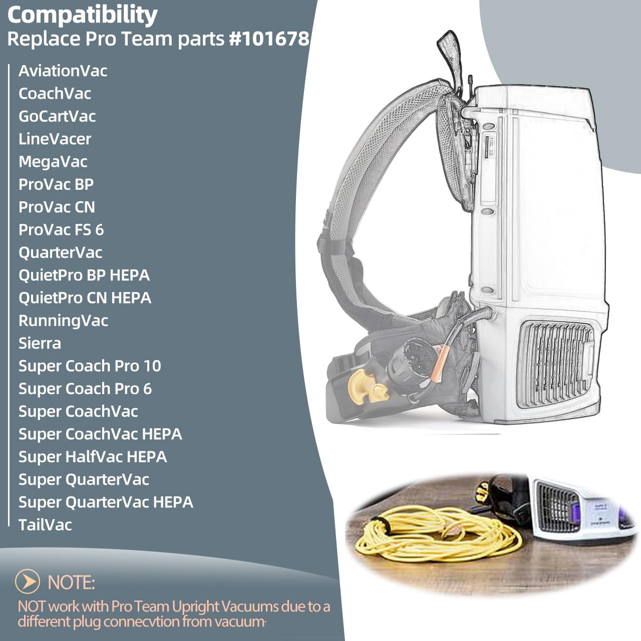 50ft 101678 Extension Cord & 1.5" Vacuum Dust Brush Attachment Compatible with ProTeam Backpack Vacuum