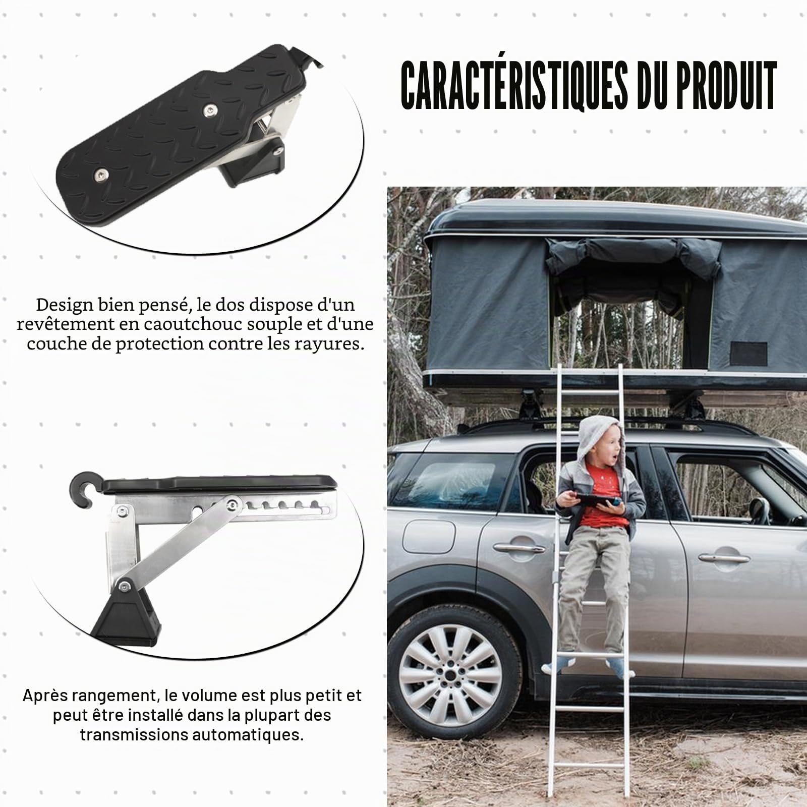 BAIFULAI Marchepied de Porte de Voiture, Pédale Pliante Noire avec Coussin d'Amortissement, Marche Universelle pour Toit de Voiture, Capacité 250kg, Convient aux Véhicules à Serrure en U SUV, Jeep