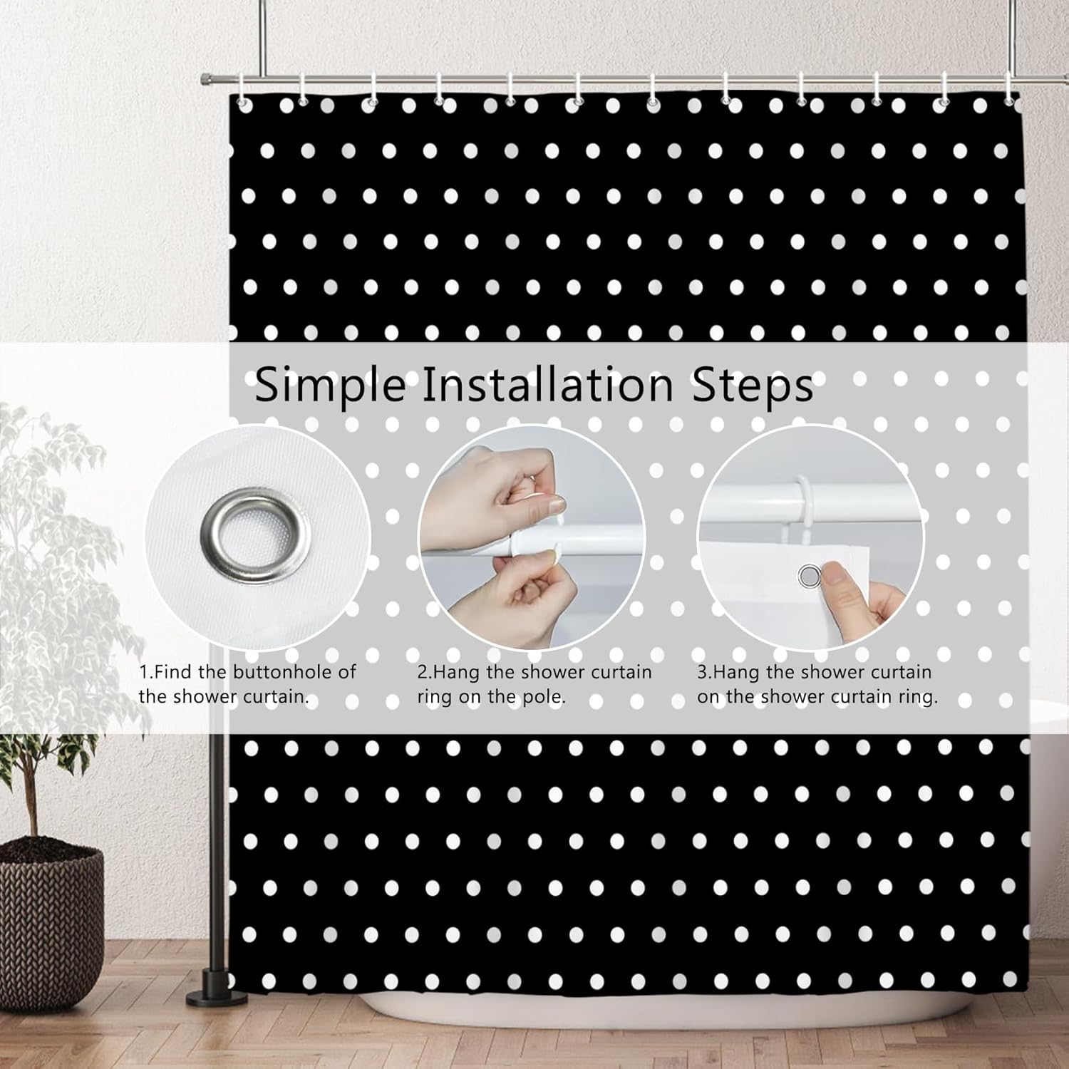 AOFOTO Polka Dot Shower Curtains Vintage Black White Spot Bathroom Shower Curtain Set Home Decorative Waterproof Polyester Fabric with Hooks 70x70 Inch