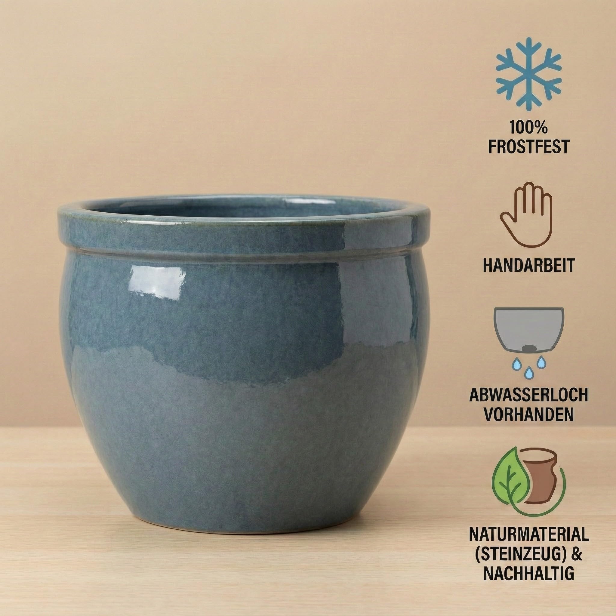 Teramico Premium Keramik Pflanzkübel Garten (Oktober Grau, 37cm x 31cm) | Massiv gearbeitet und absolut frostfest. Von Hand gefertigtes Pflanzgefäß mit Abwasserloch für Garten und Terrasse.
