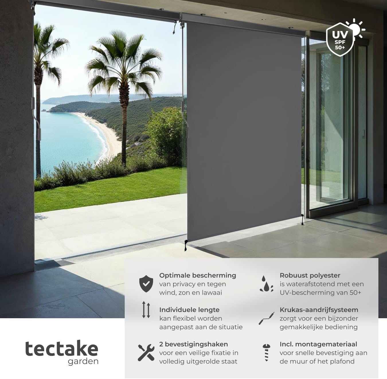 Diagram showing key features of the tectake vertical roller blind: optimal protection, individual length, two fixing hooks, robust polyester, crank drive system, and included mounting material.