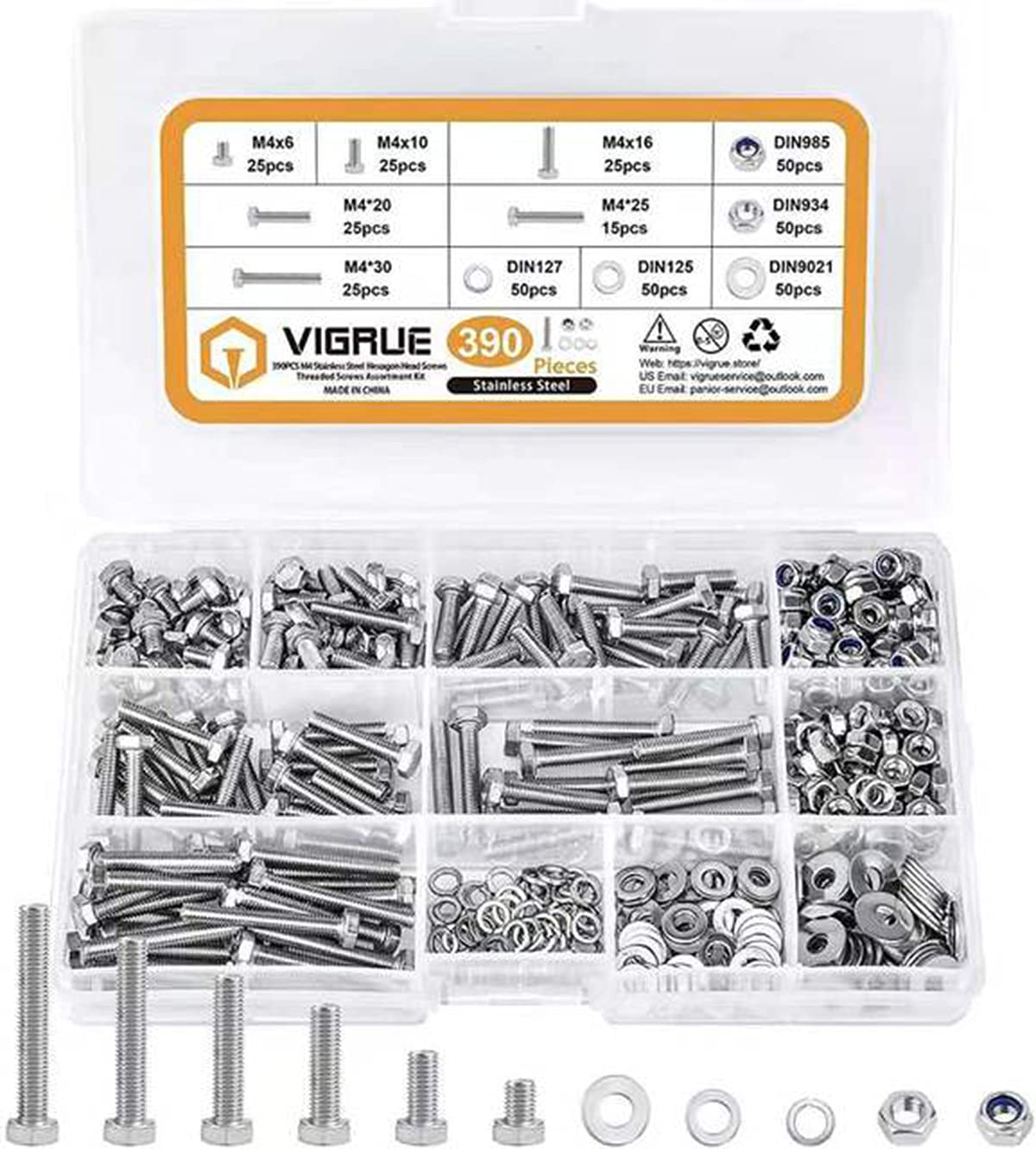 390PCS Hex Bolts Assortment Set with Locknuts and Flat Washers 304 Stainless Steel Screws Kit M4
