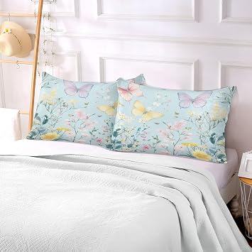 Butterfly Floral Lightblue Pillowcase for Hair and Skin Body Plush Pillow Case Queen Size 20X 30 Pillowcase Covers with Zipper for Sleeping