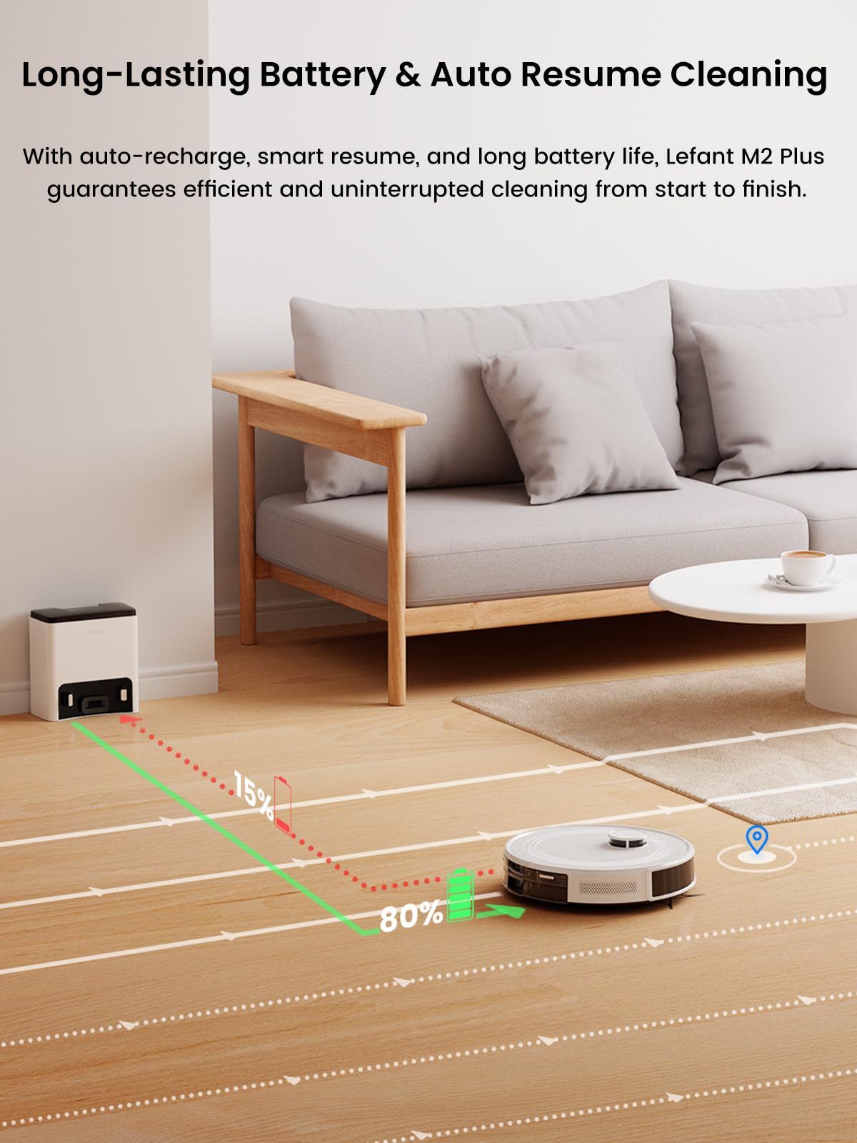 Lefant M2 Plus Aspirateur Robot Laveur avec Station, Vidange Automatique, Navigation Laser avec Cartographie, Évitement d'obstacles PSD, 6000Pa, Nettoyage Personnalisé, Idéal pour Poils d'animaux, APP