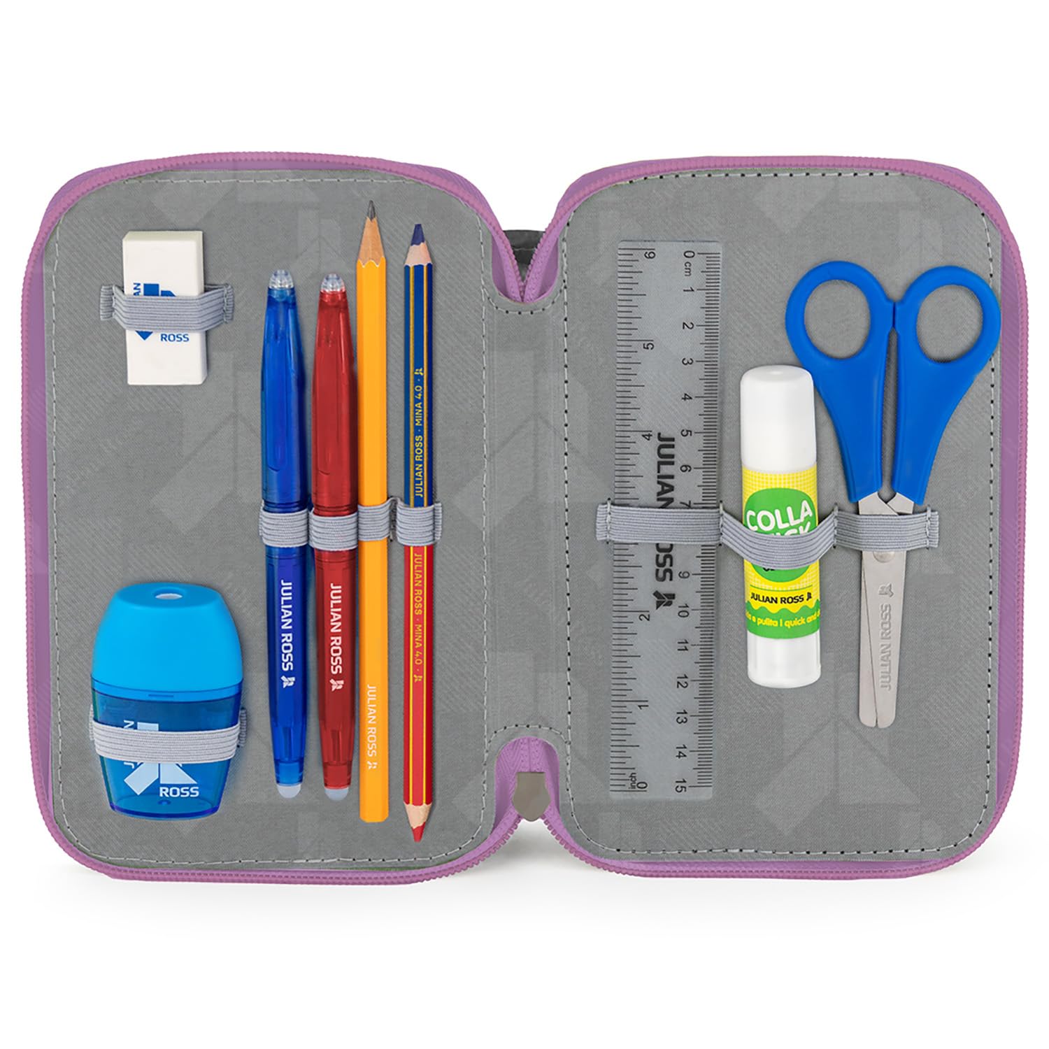 Julian Ross Astuccio 3 Scomparti Fluffy 45 Pezzi, Penne Gel Cancellabili, Colla, Forbici, Pastelli 4.0, 3 Zip, Bambina, Scuola, Orsetto Rosa