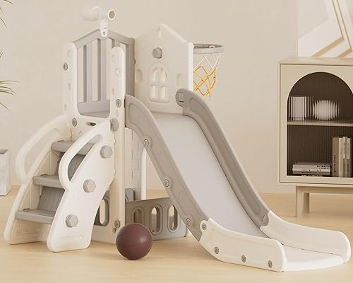 XJD Tobogán 5 en 1 para niños pequeños de 1 a 3 años, juego para interiores y exteriores para niños pequeños con aro de baloncesto y pelota, espacio