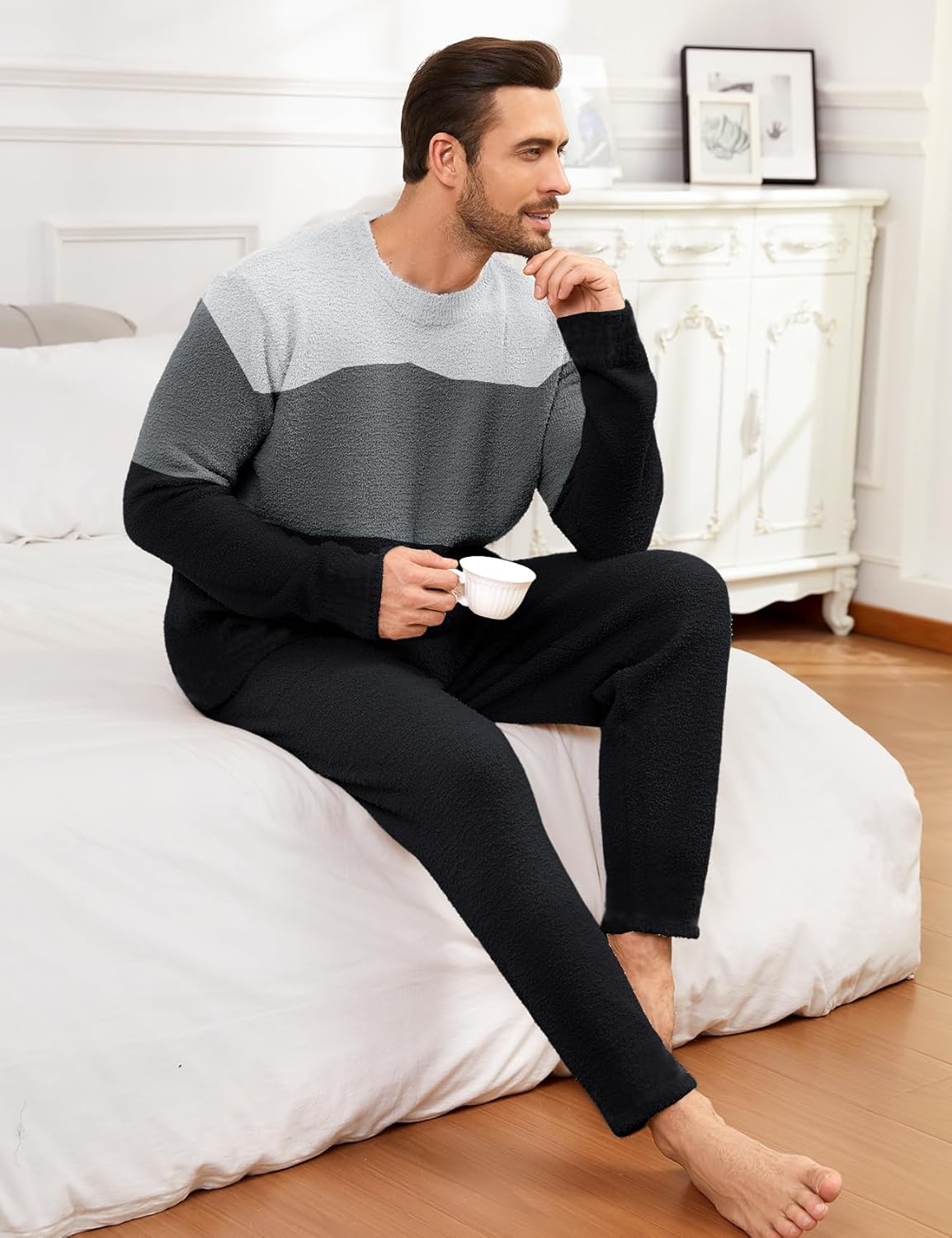 Yimoon Mens Fleece Pajamas Set Soft Fluffy Pjs Sleepwear Winter Warm Long Sleeve Fuzzy Loungewear - Image 3