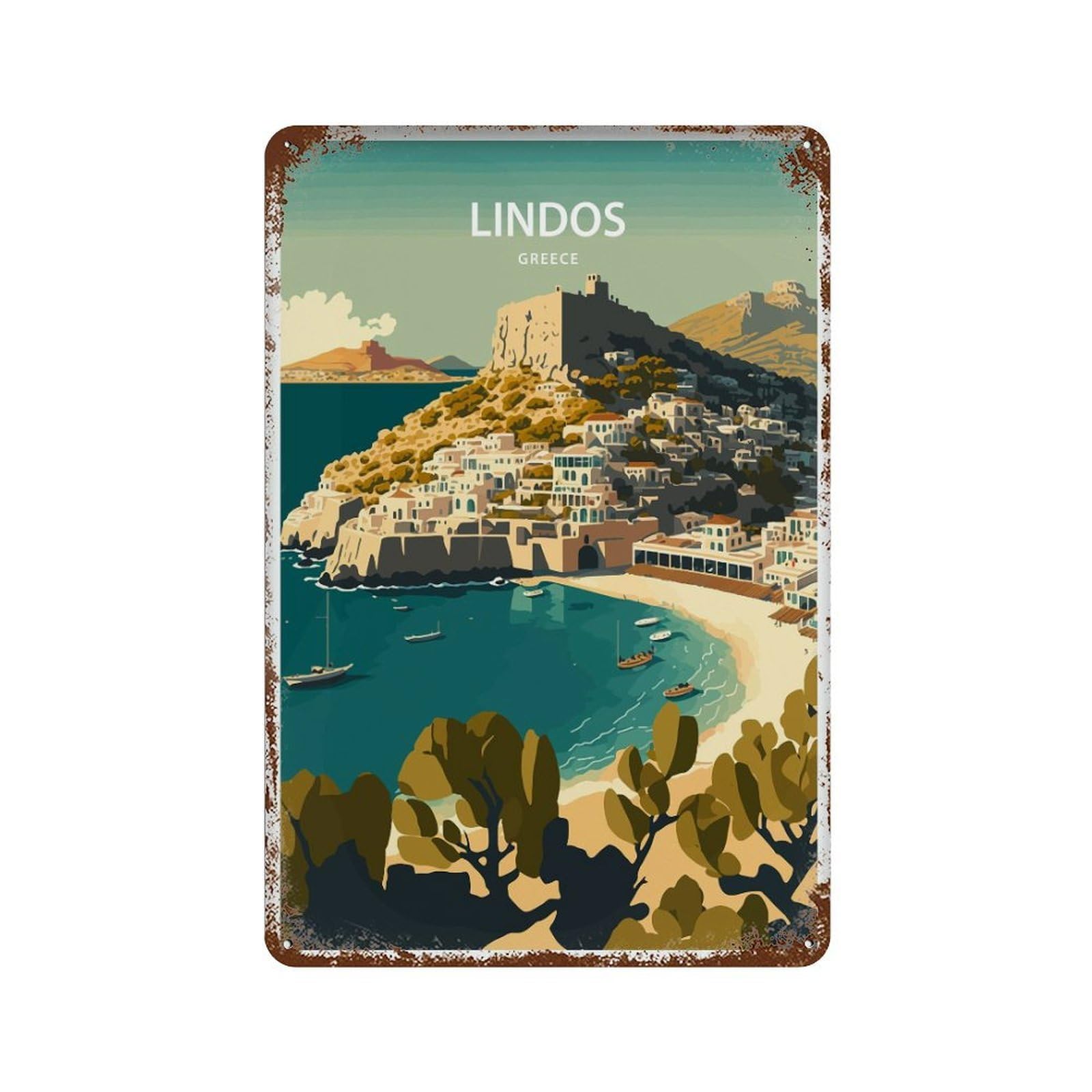 xiaoxiaoshen Lindos Travel Greece Rhodes Island_3 Wall Decor Art Metal Tin Poster Modern Home Decor Art Home Bar Shop Decorations Vintage Sign 30x20cm