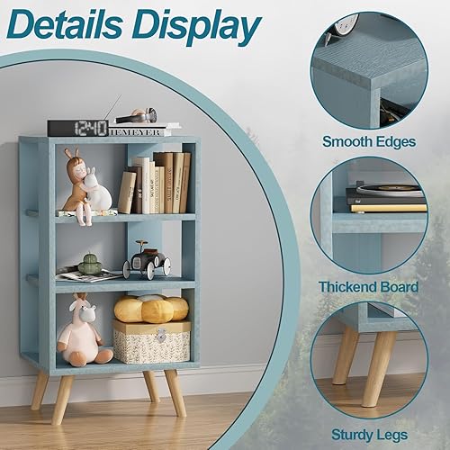 Miniatura 4 de Dueatib Mesa auxiliar azul de 3 niveles, mesa de noche simple y moderna, mesa de almacenamiento abierta de madera, armario de almacenamiento