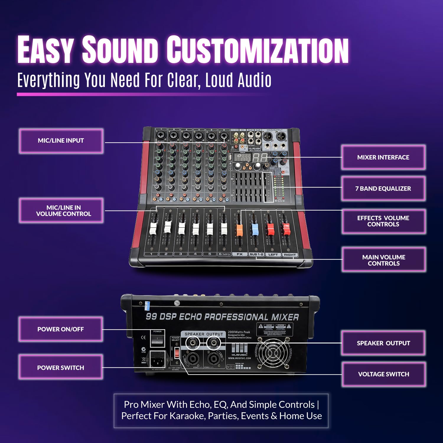 MUSYSIC Portable PA System with 2000W Amp & Wireless UHF Microphone System. 6 Ch Audio Mixer with Multiple Inputs. pa system with wireless microphone and speakers, Complete w/Stands - 10" Speaker 800W