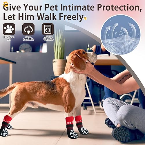 Miniatura 2 de BINGPET Calcetines antideslizantes de doble cara para perro con correas ajustables, calcetines para perros para pavimento caliente, calcetines