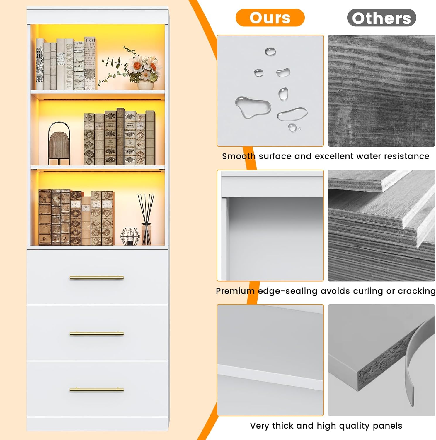 Winkalon 71“H White Bookshelf with LED Light, Bookcase and Bookshelf with Drawers, Tall Bookcase Tall Storage Cabinet 3-Tier Open Shelves for Home Office Living Room Hallway, 15.8"D x 23.6"W x 70.9"H