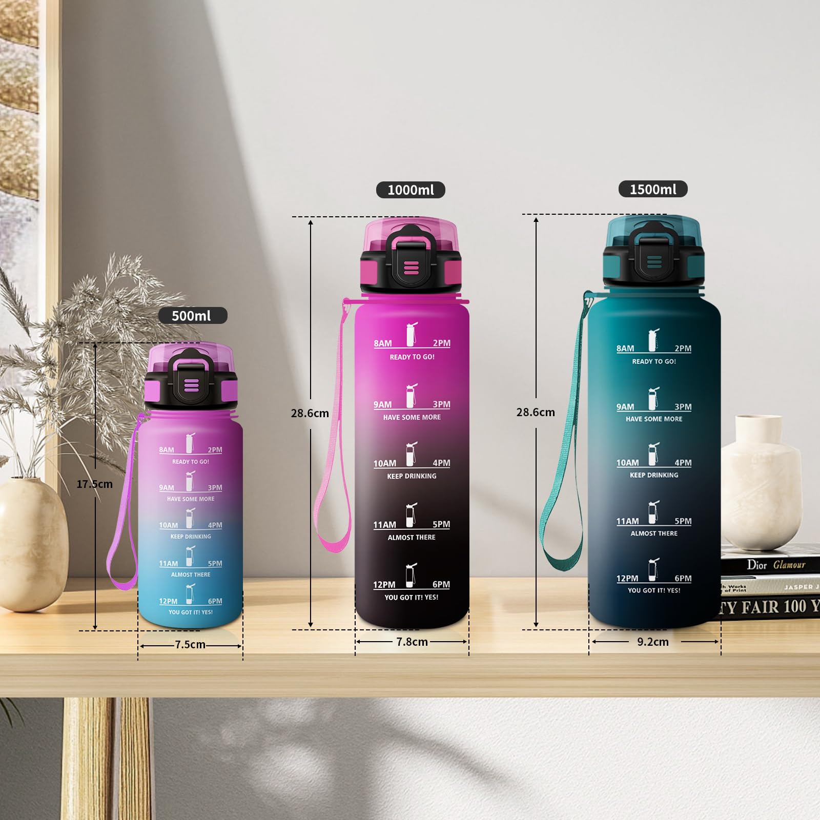 Borraccia 500ml, a Prova di Perdite, Bottiglia Bambina con Cannuccia, Bottiglia Acqua Sportiva con Indicatore del Tempo, Motivazionale Borraccia per Bambini, Campeggio, Scuola, Ufficio, Lavoro