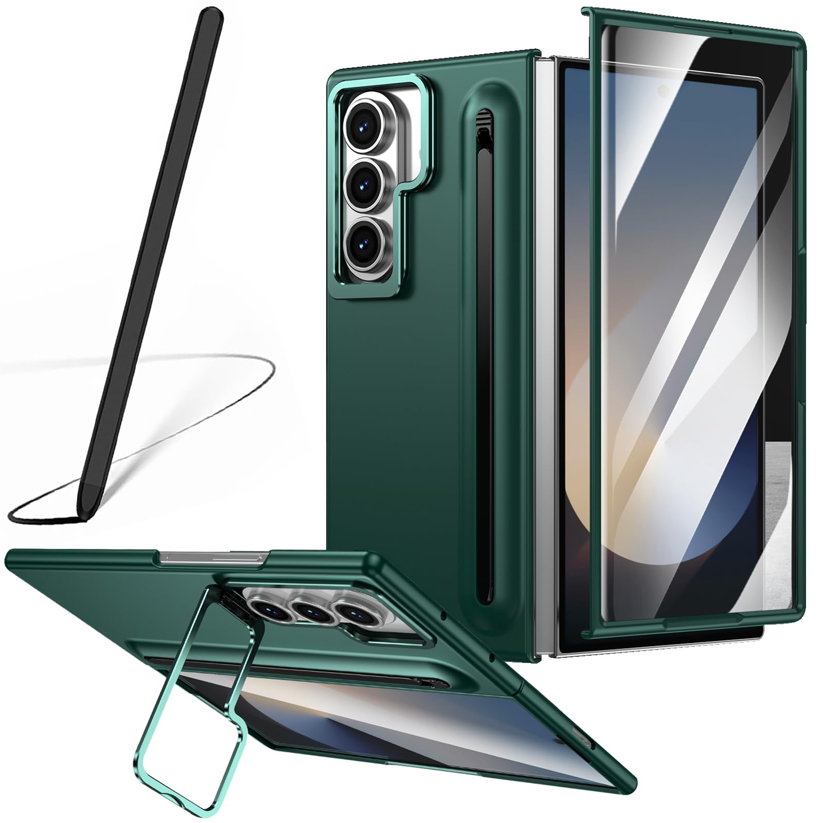 Custodia per Galaxy Z Fold 7 con penna, portapenne integrato, cover per Samsung Galaxy Z Fold7 con pellicola protettiva + Pen + supporto regolabile nascosto-Verde