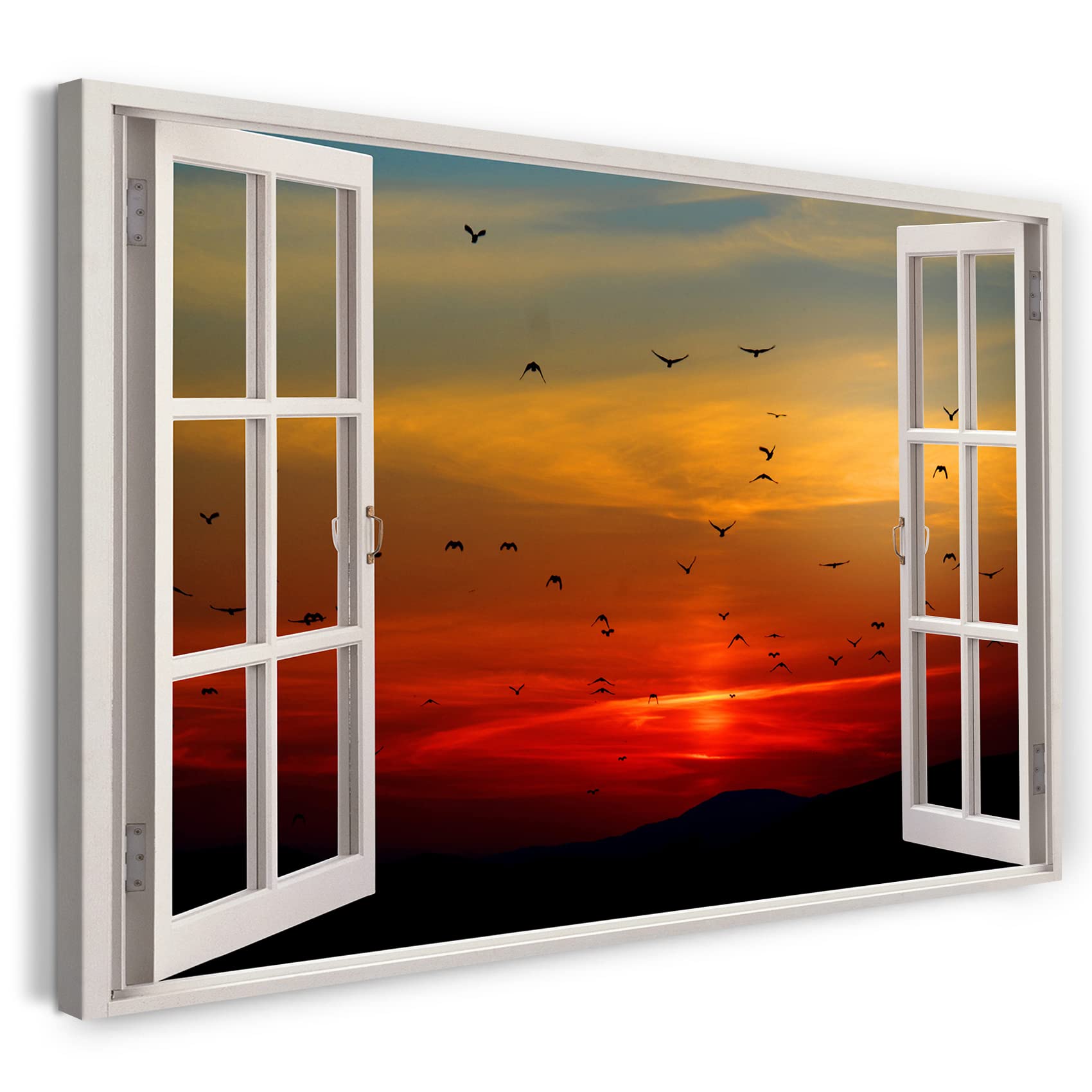 Print on Canvas (100x70 cm) view from the window - sunset birds nature south - nature photography, real wood frame with hook
