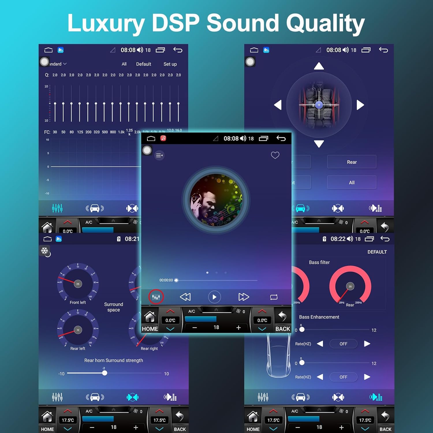 ASVEGEN car stereo displaying DSP sound settings and equalizer