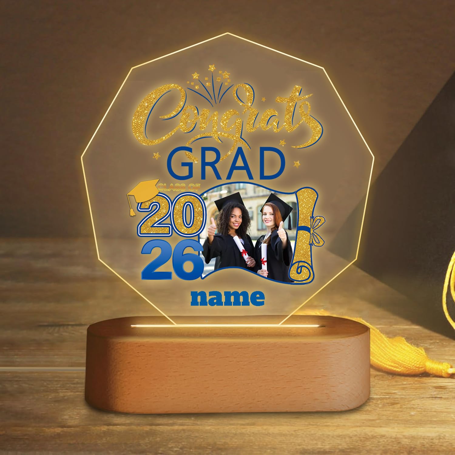 Dicodes Custom Graduation Gift Night Light with Photo Personalized Acrylic LED Light Congrats Grad Gift Class of 2026(A-Blue and Gold)