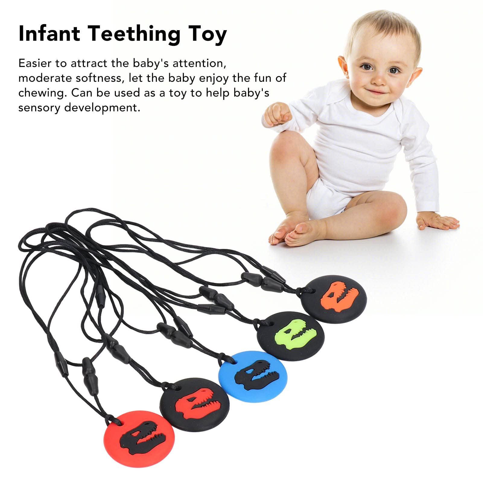 Giocattolo da masticare a forma di ciondolo a forma di dinosauro, giocattolo ideale per la dentizione dei bambini, adatto anche per bambini autistici, può essere appeso intorno al collo, verde neon
