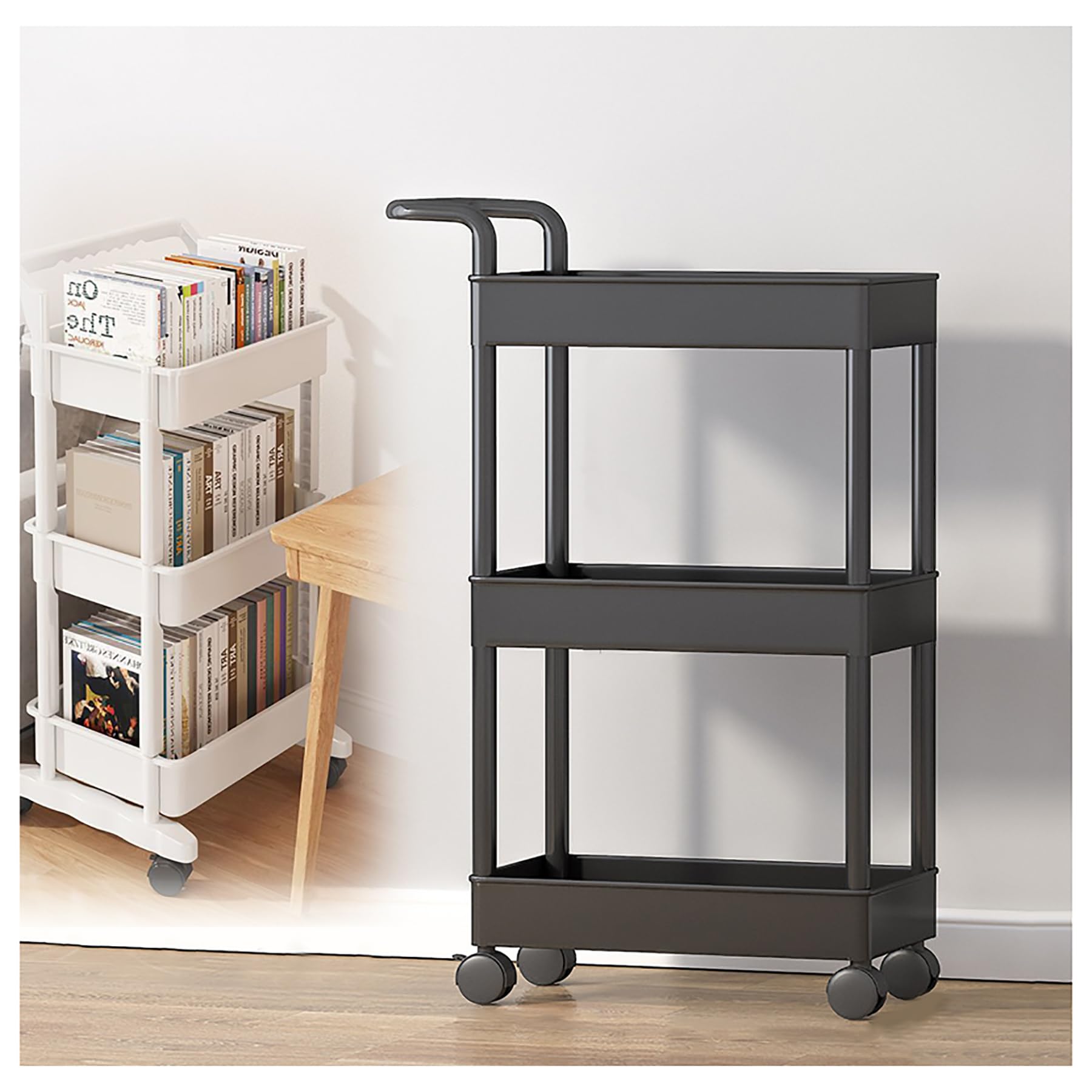 TUOYIBO Rolling Cart Organizer 3 Tier Rolling Cart Mobile Bookshelf with Wheels,Multi Tier Rolling Vertical Bookshelf,Rolling Bookshelf Cart,White