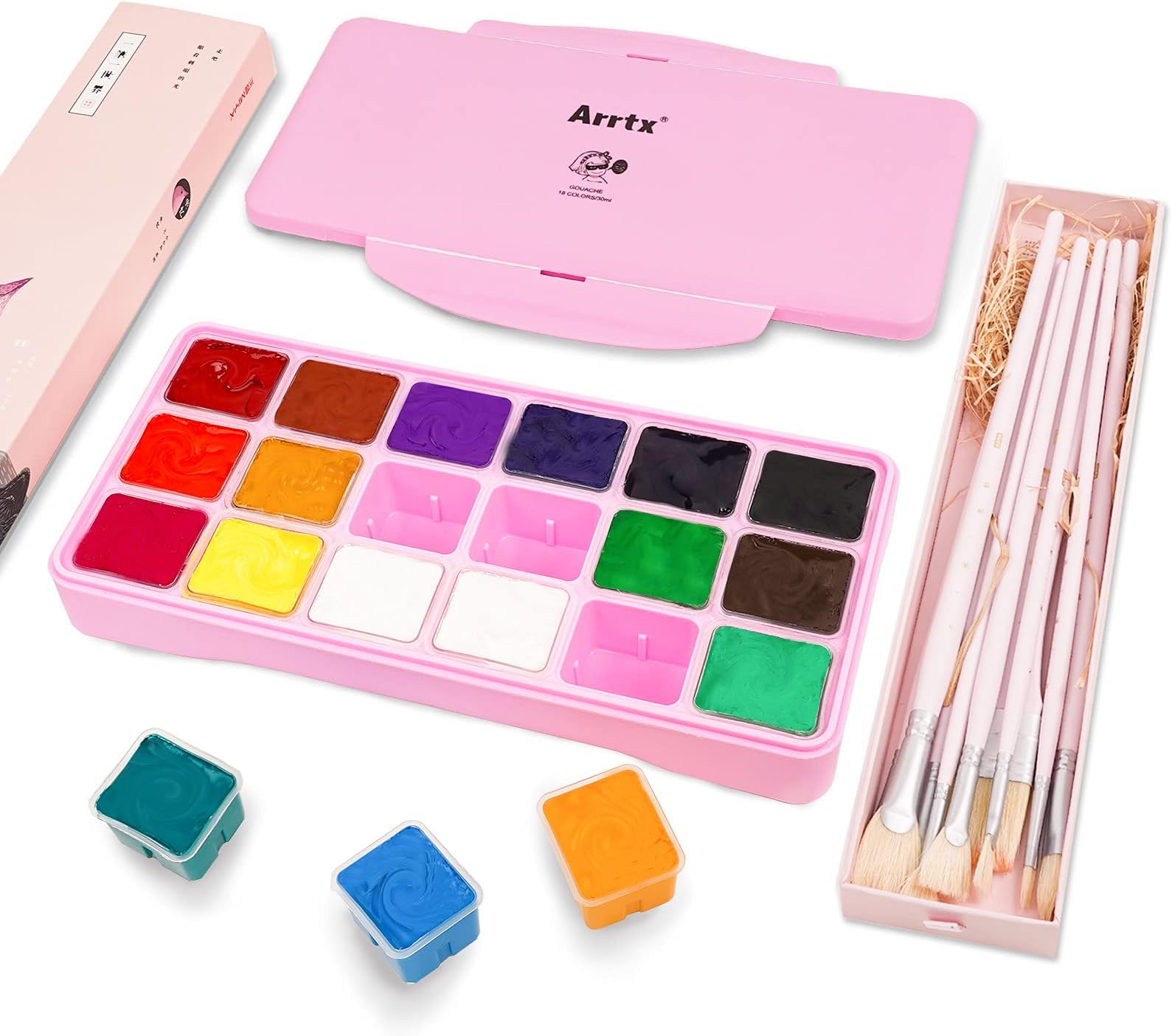 Arrtx Gouache Paint Kit, 18 Colors x 30ml Paint Set & 10 Pieces Hog Bristle Paint Brushes, Unique Jelly Cup Design with Portable Case Gouache, Perfect for Oil, Acrylic Painting & More (Pink)