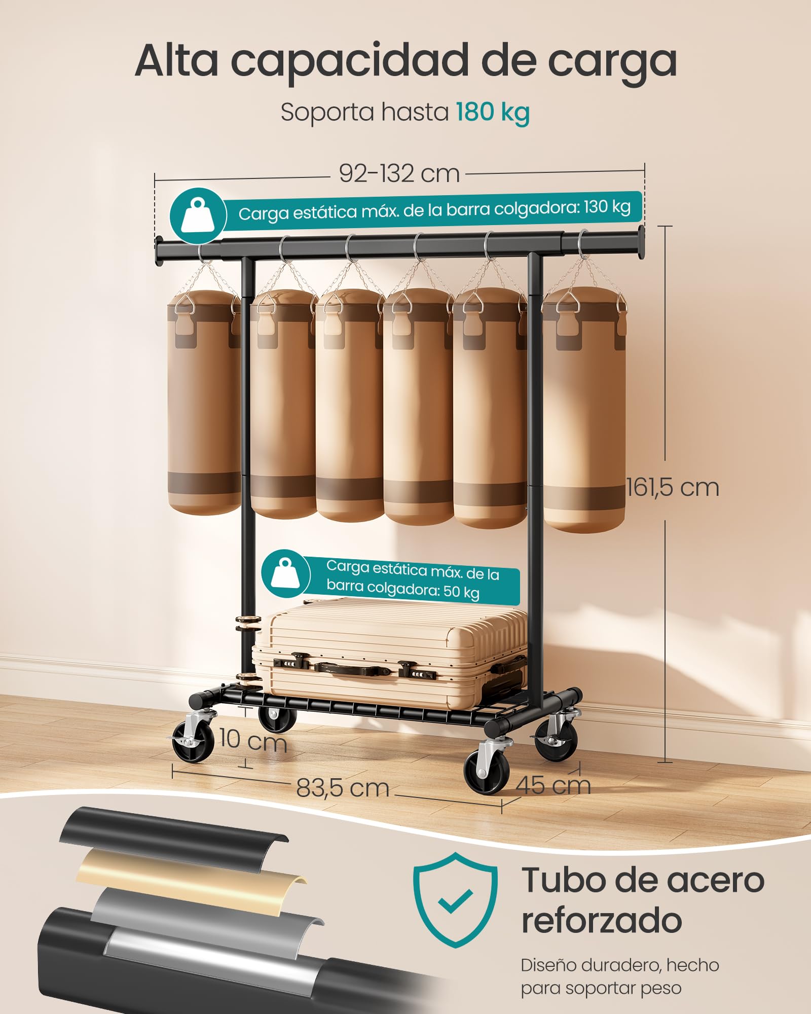 SONGMICS Burro Ropa Resistente, Extensible con Ruedas, Acero