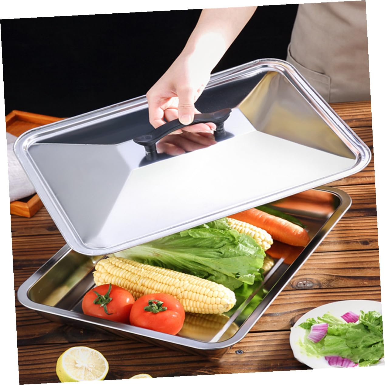 Coperchio Barbecue Protezione Cibo Resistente e Pratica Rettangolare in Acciaio Inossidabile per Teglia Alimentare per Cucina e Hotel