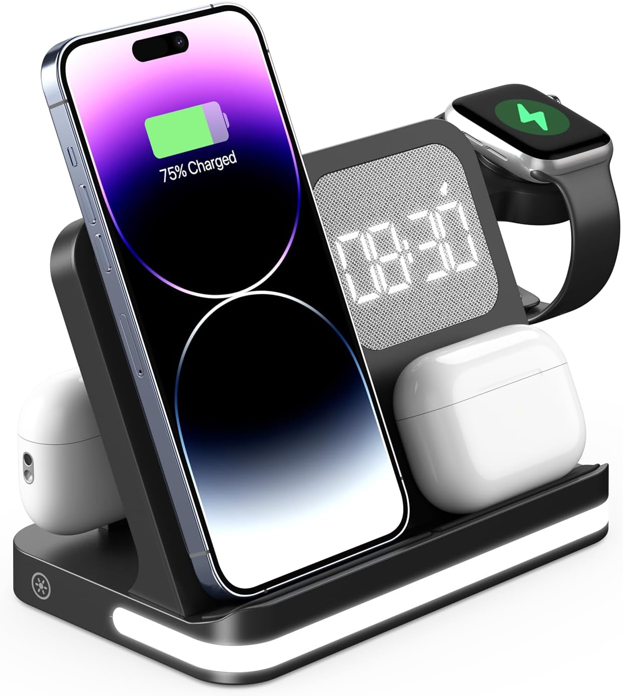 4-in-1 Wireless Charging Station, Charging Station for Multiple Devices Compatible with iPhone/AirPods/Watch Charger Stand, Bedside Wireless Charging Multi Station with Night Lamp and Clock(Black)