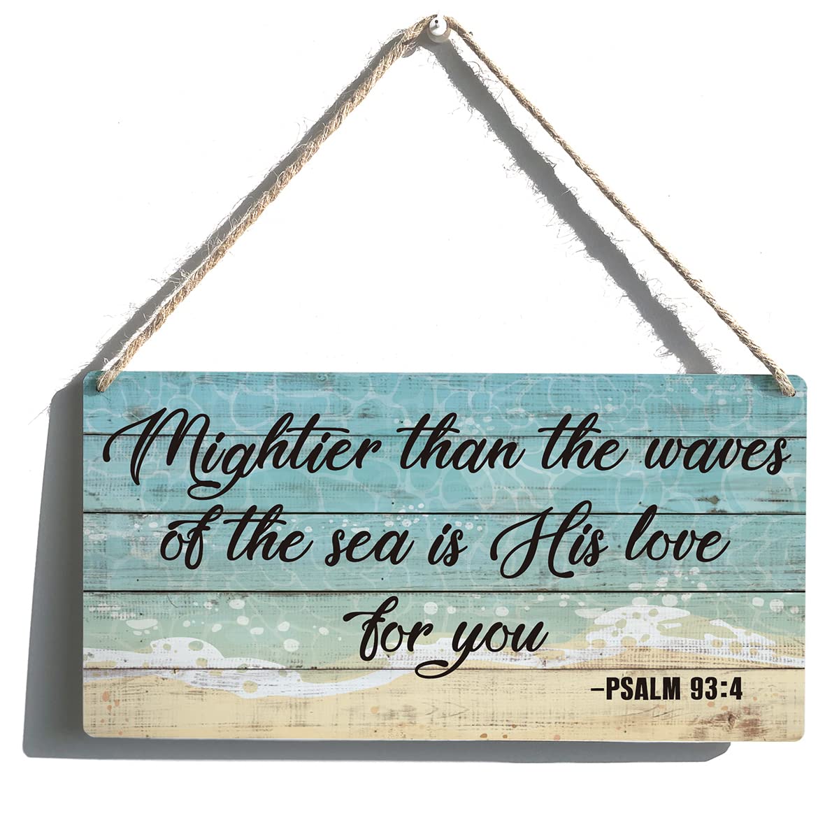 Inspirational Bible Gift Signs Mightier Than the Waves of the Sea is His Love for You Wooden Hanging Sign Religious Scripture Art Wall Home Decoration