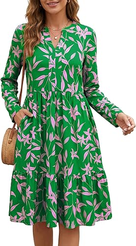 Vrtige Women's Long Sleeve V Neck Flowy Tiered Boho Midi Dress Green Floral X-La