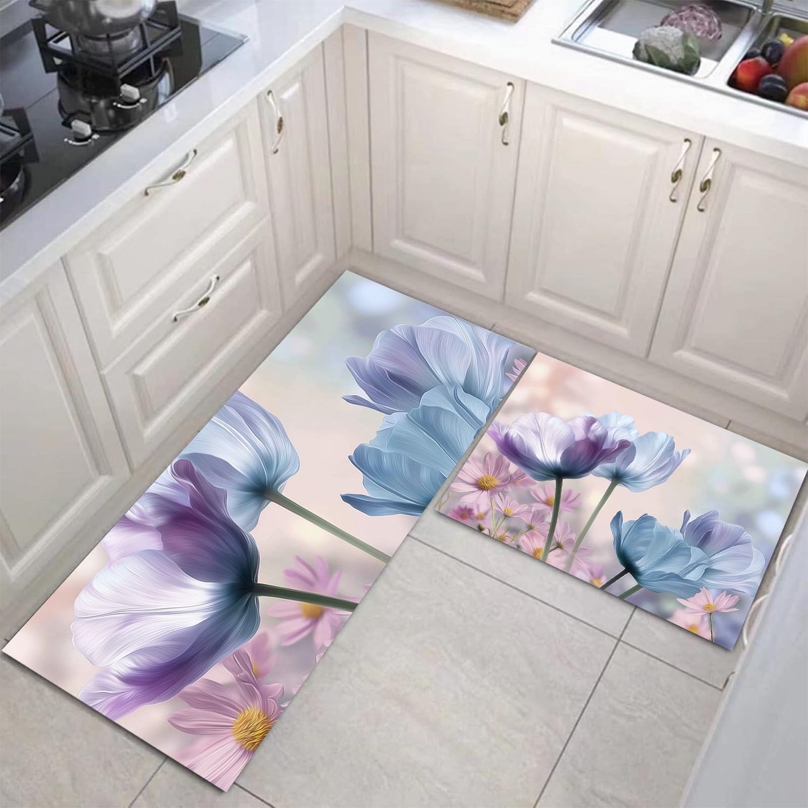 Alfombrillas de cocina JEDTAKCT juego de 2 alfombras lavables tulipanes azul claro 43x150cm